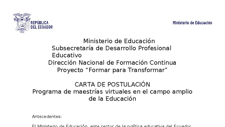Carta de Postulación para Maestrías en Educación - Studocu