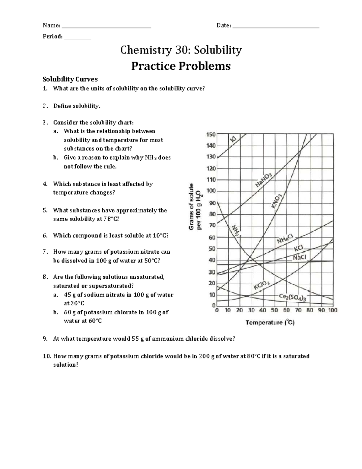 Chemistry 30: Solubility Practice Problems and Solutions - Studocu