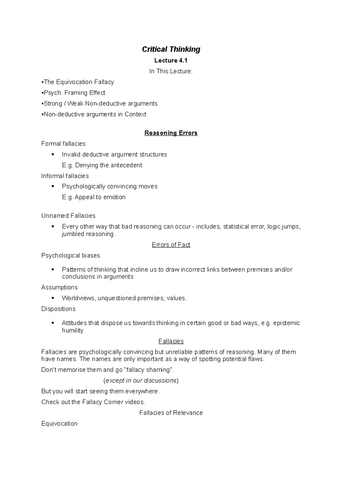 PHIL105 Week 4.1 Notes - Critical Thinking Lecture 4. In This Lecture ...