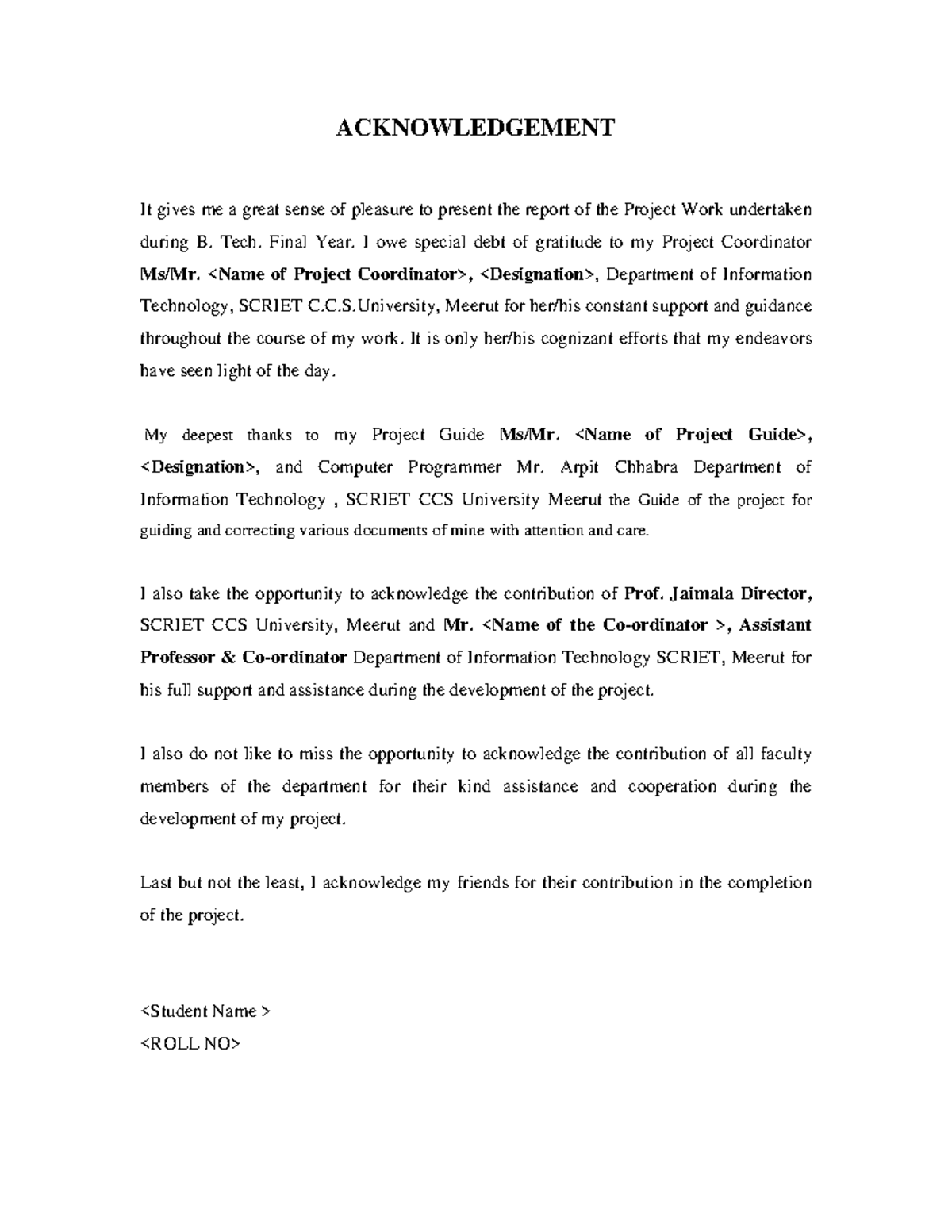 Acknowledgement for B. Tech Final Year Engineering Project Report - Studocu