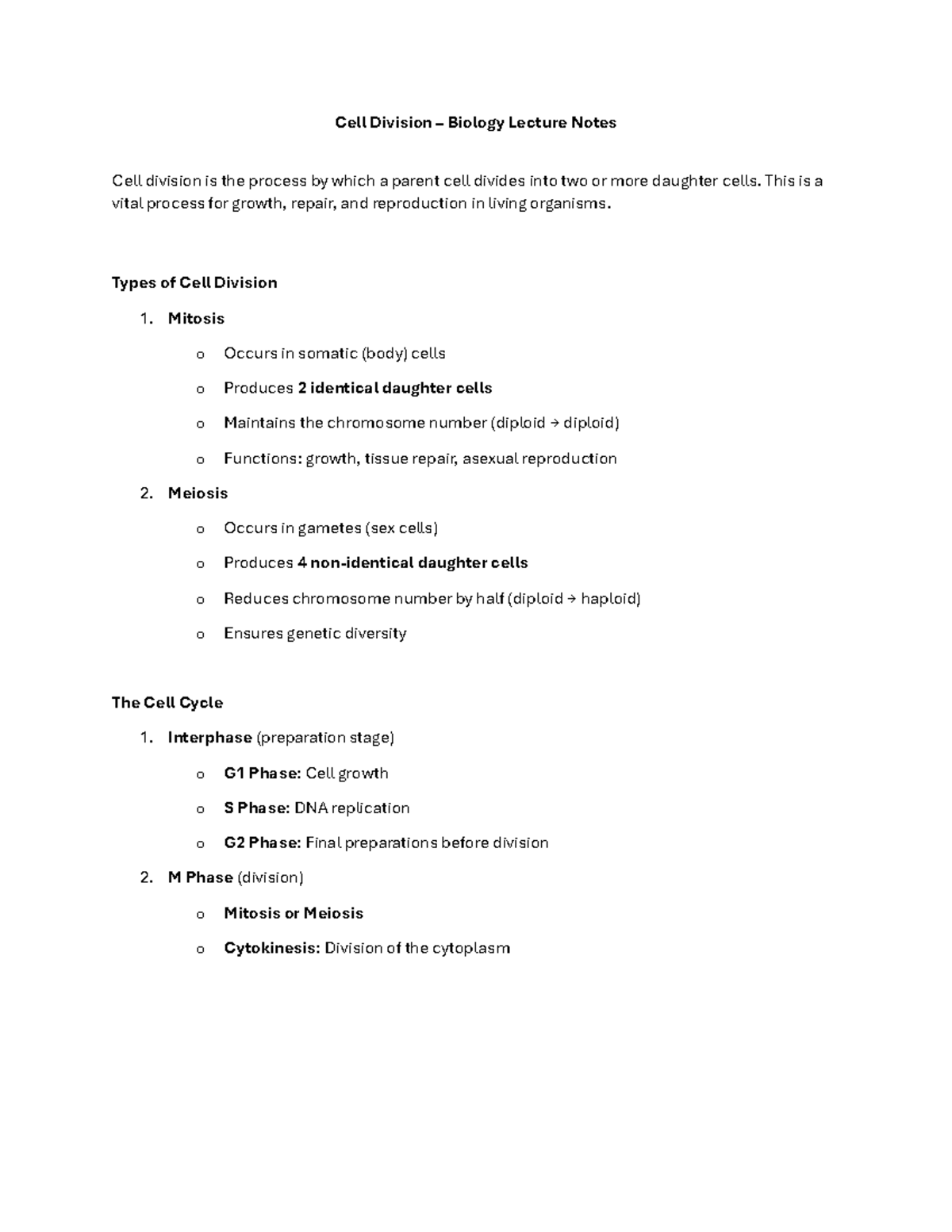 Biology 101 Lecture Notes: Mitosis & Meiosis Study Guide - Studocu