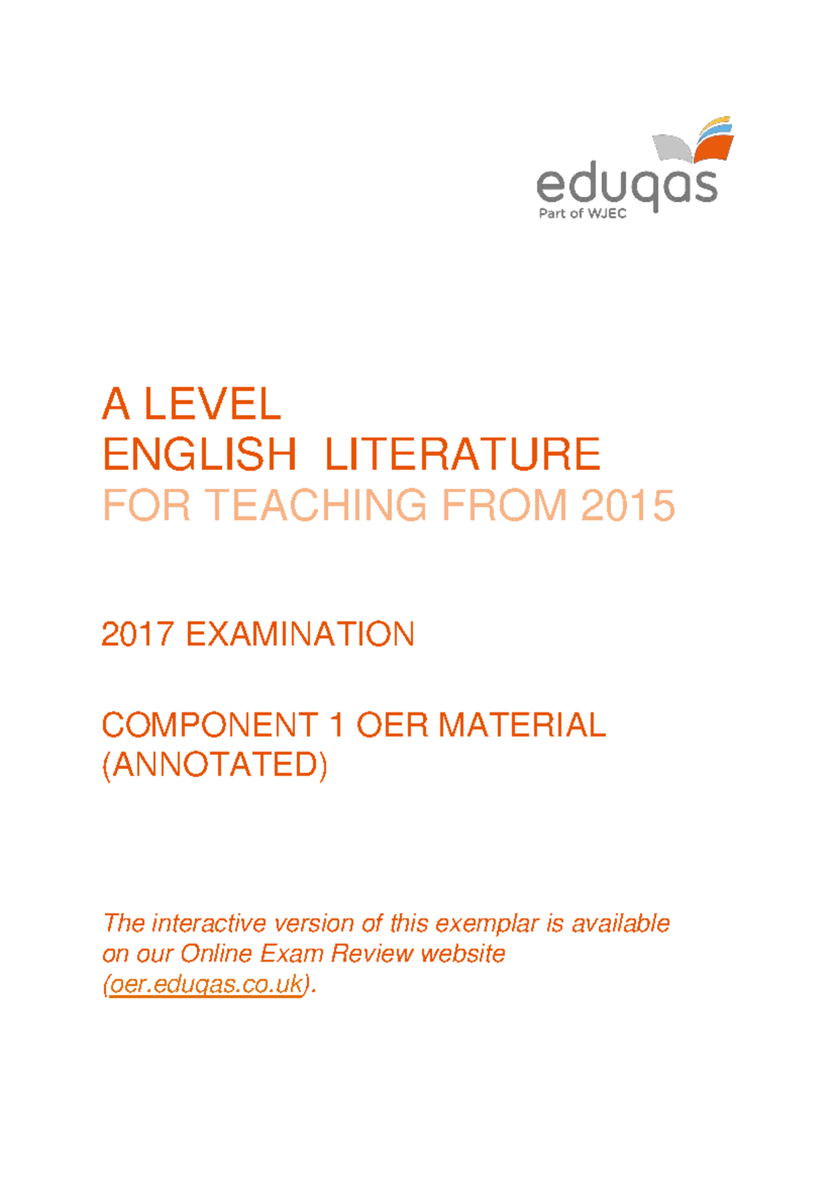 A LEVEL ENGLISH LITERATURE COMPONENT 1 ANNOTATED EXAMPLES 2017 - Studocu