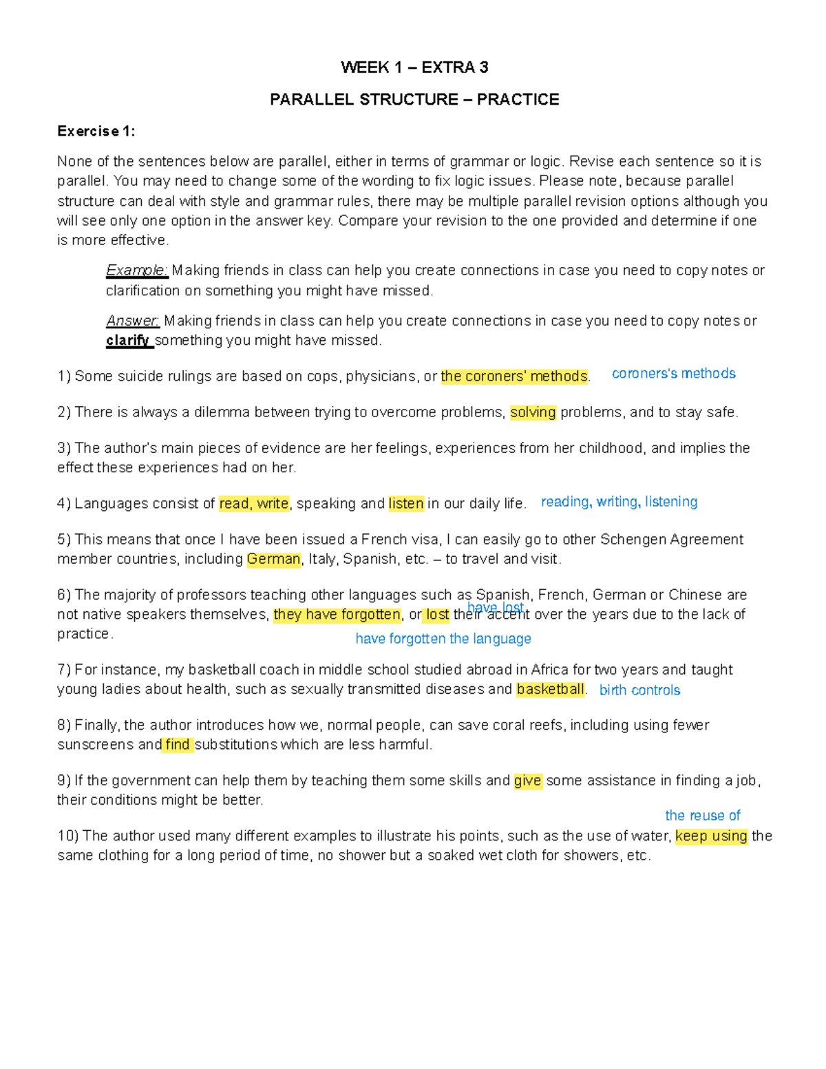 Final Exam: Extra 3 - Parallel Structure Practice Guide - Studocu