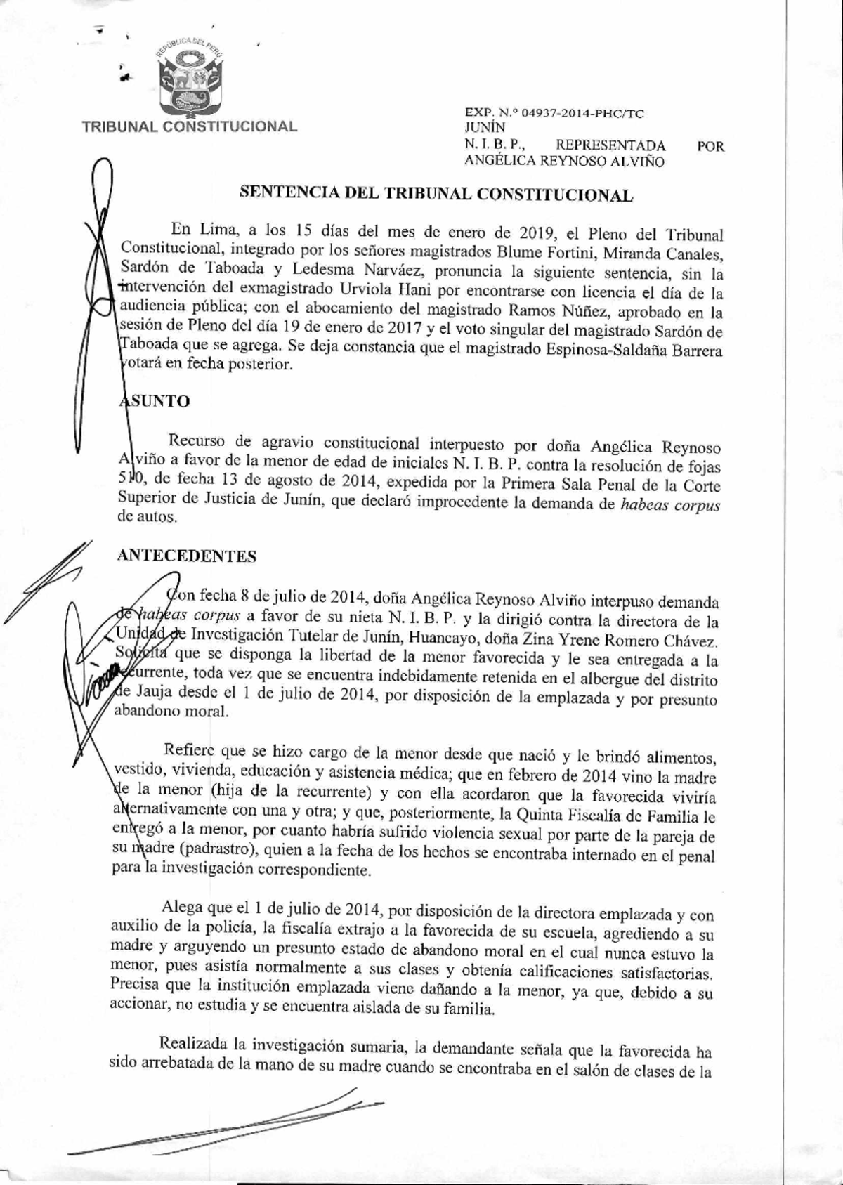 Sentencia del TC Nº 04937-2014-HC: Caso N.I.B.P. y Angélica Reynoso ...