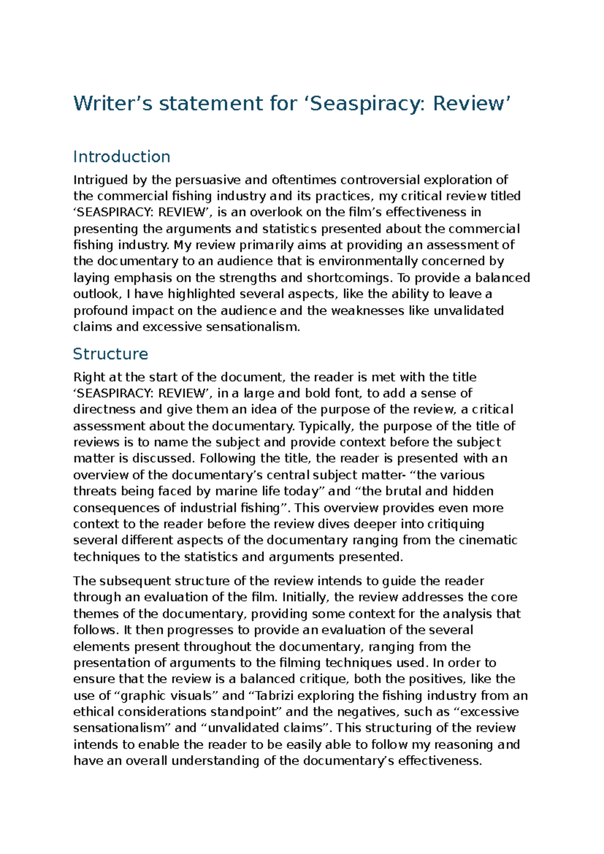 Critical Review of the Documentary on Commercial Fishing Practices (AT2 ...