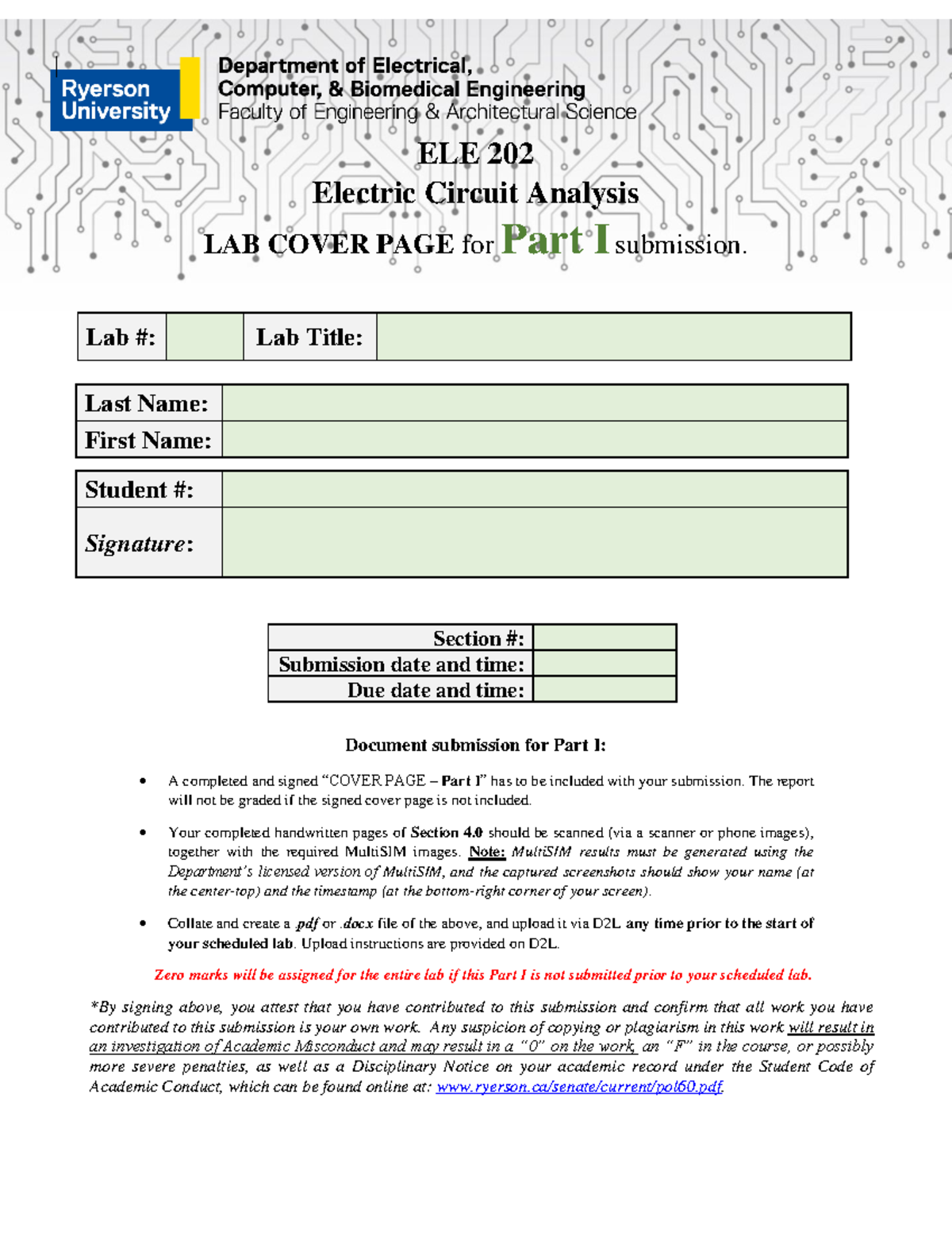 ELE202 - Lab Cover Page for Part I Submission Guidelines - Studocu