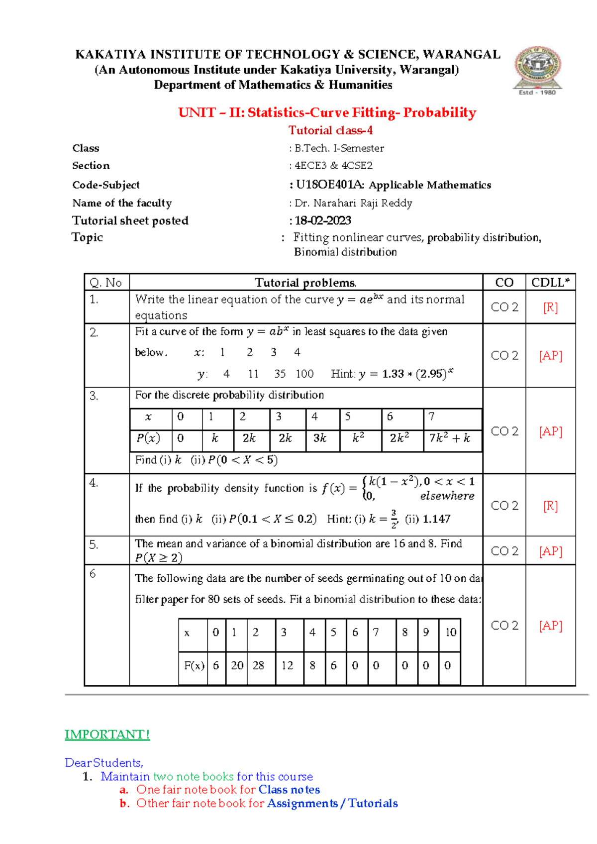 Kw AM Tutorialclass 6 - Applicable mathematics important tutorials 6 ...