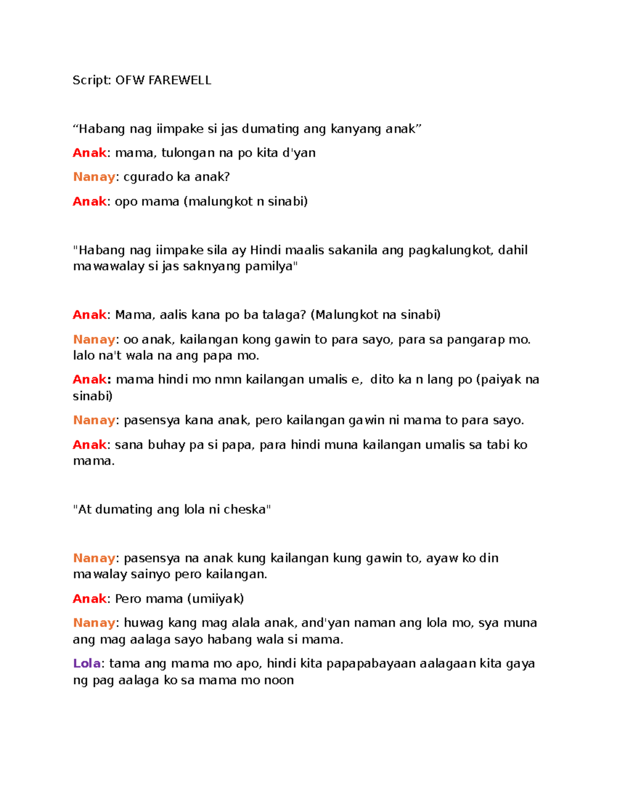 OFW Farewell Script: Jas and Anak's Emotional Goodbye - Studocu