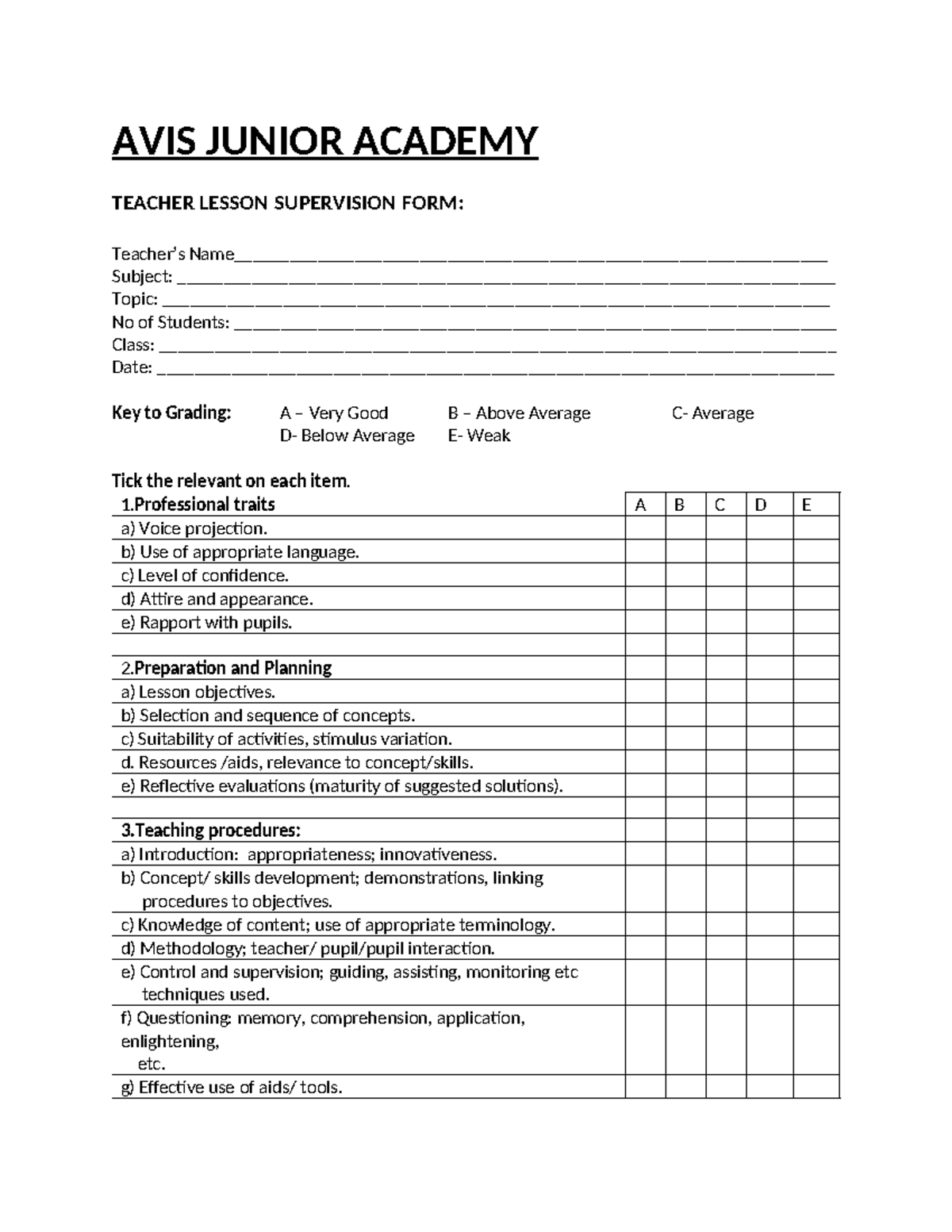 AVIS JUNIOR ACADEMY TEACHER LESSON SUPERVISION FORM - Studocu