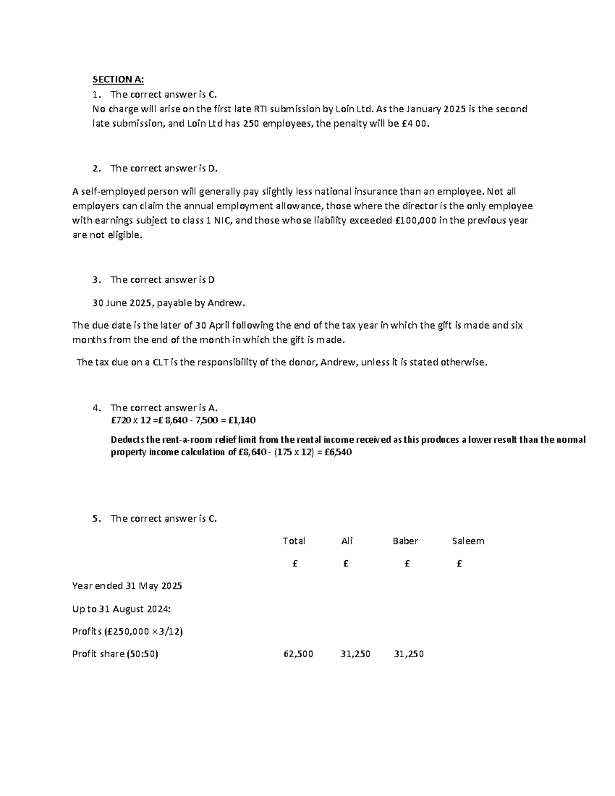 F6 MOCK Exam Answers (FA 24) - Detailed Solutions and Explanations ...