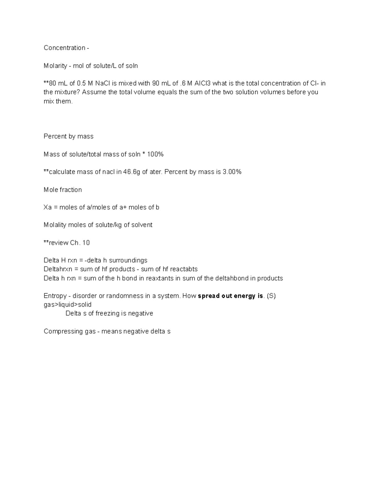 CHEM 1081 Notes - Concentration & Thermodynamics Concepts - Studocu