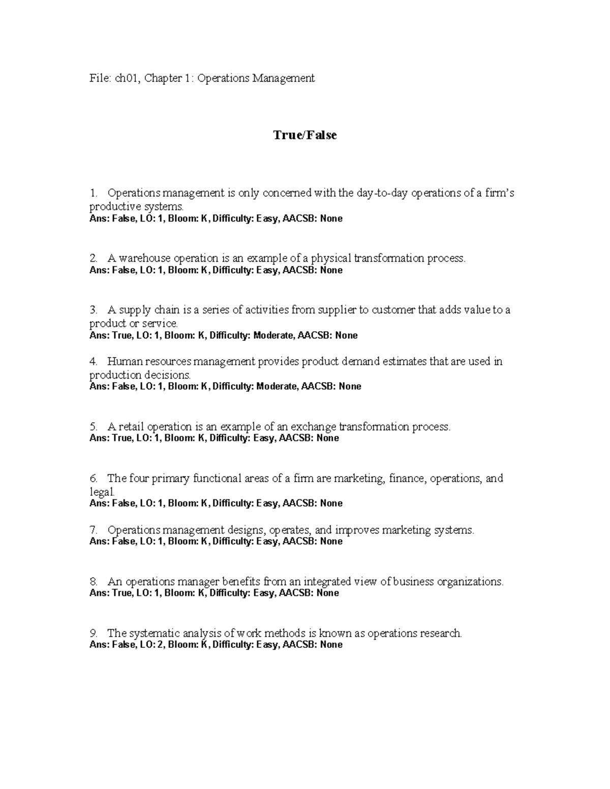 Ch01 - Operations Management Quiz Questions and Answers - Studocu