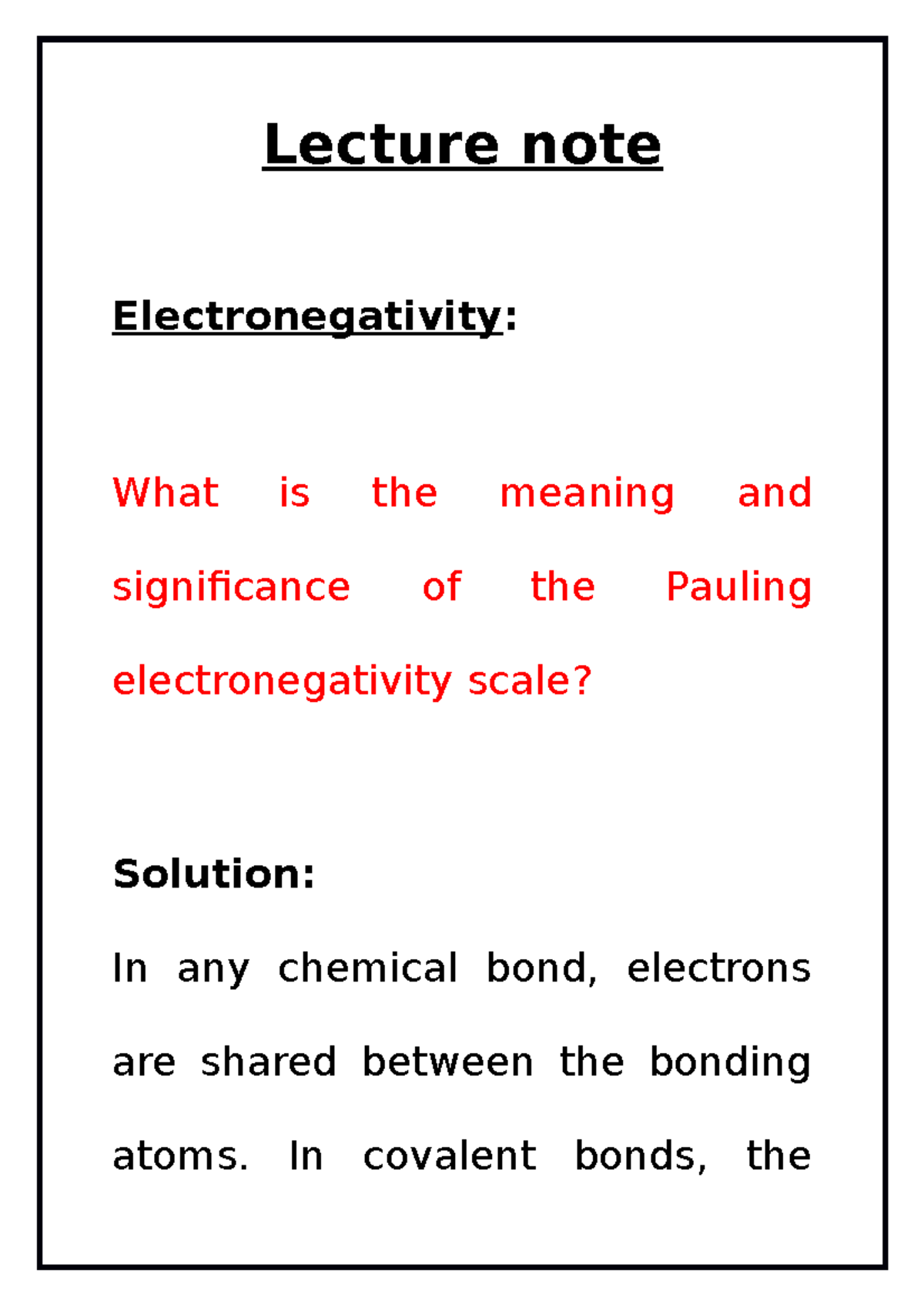 Lecture Notes: Understanding Electronegativity and Its Significance ...
