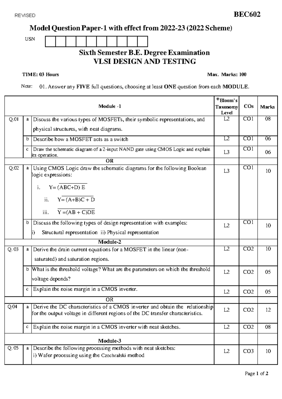 BEC602 VLSI DESIGN AND TESTING Model Question Paper (2022 Scheme) - Studocu