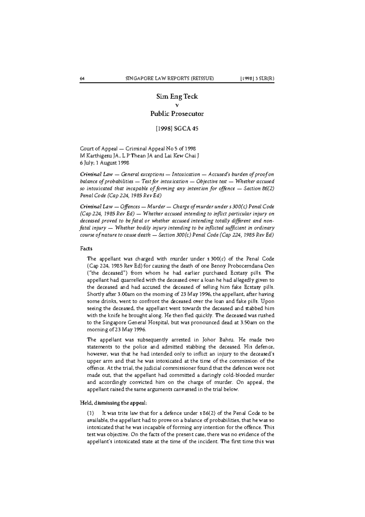 Sim Eng Teck v PP [1998] SGCA 45: Appeal on Murder Charge ...