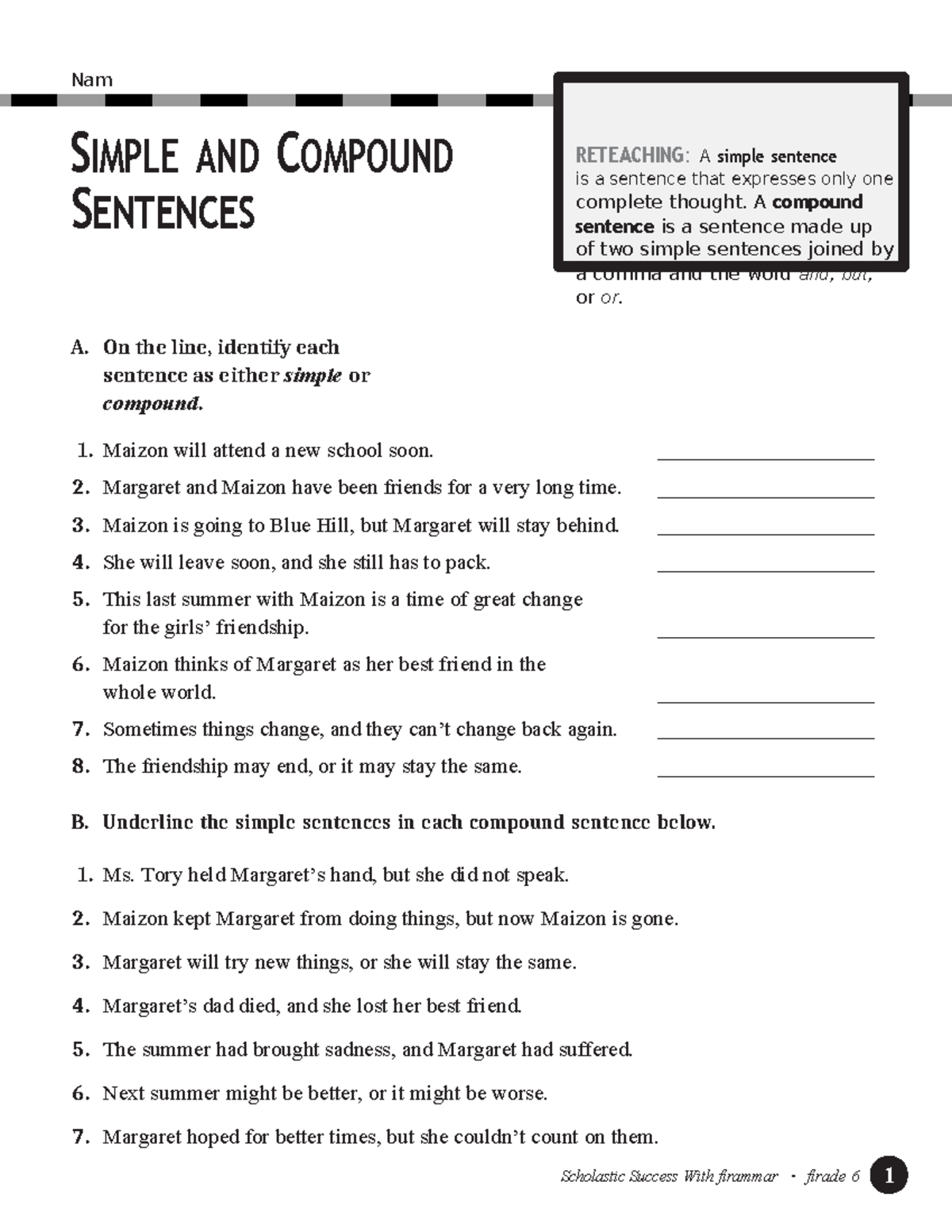 SIMPLE AND COMPOUND SENTENCES RETEACHING: GRADE 6 - Studocu
