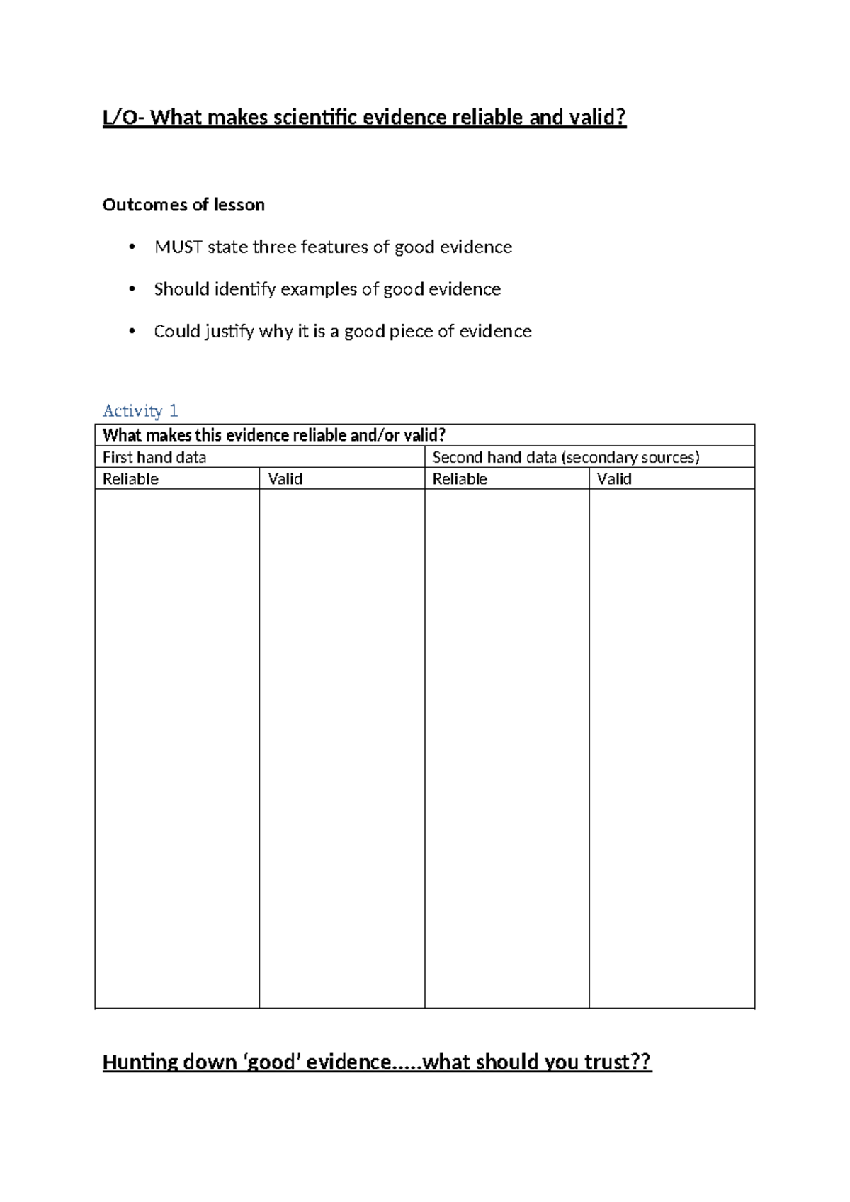 Lesson 1 - Good Evidence: Assessing Reliability & Validity in Sources ...