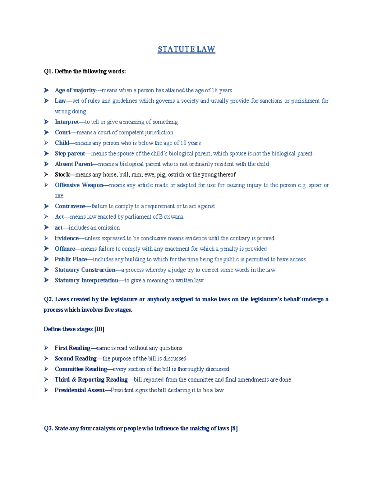 STATUTE LAW Q1-Q17: Comprehensive Study Guide - Studocu