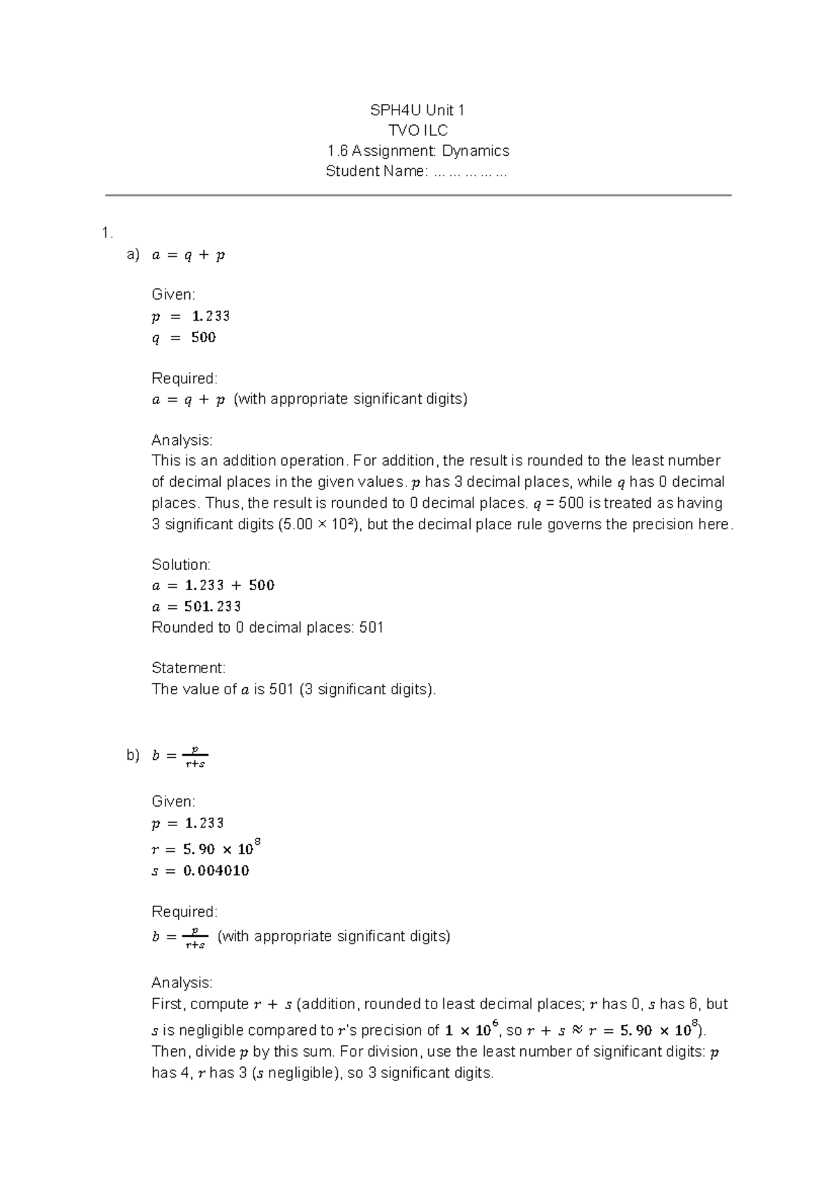 SPH4U Unit 1.6 Assignment: Dynamics Analysis and Solutions - Studocu