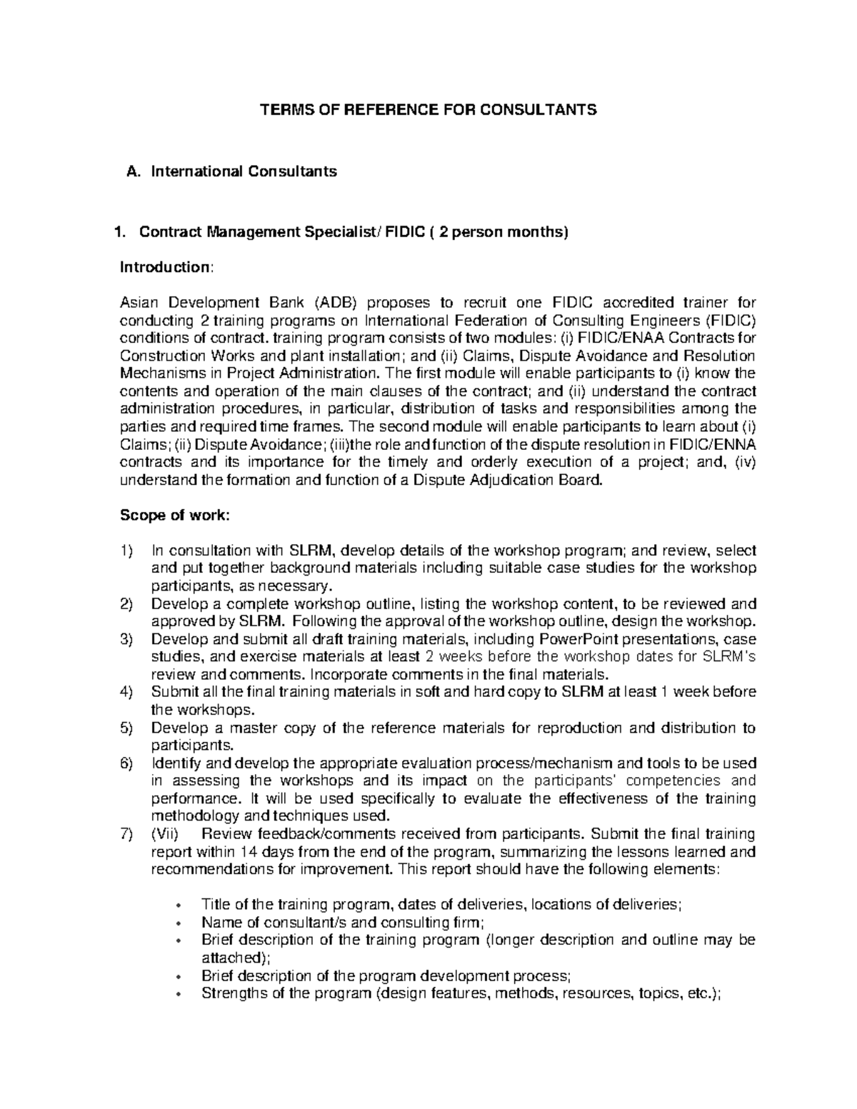 TERMS OF REFERENCE FOR CONSULTANTS: ADB Project Management & Training ...