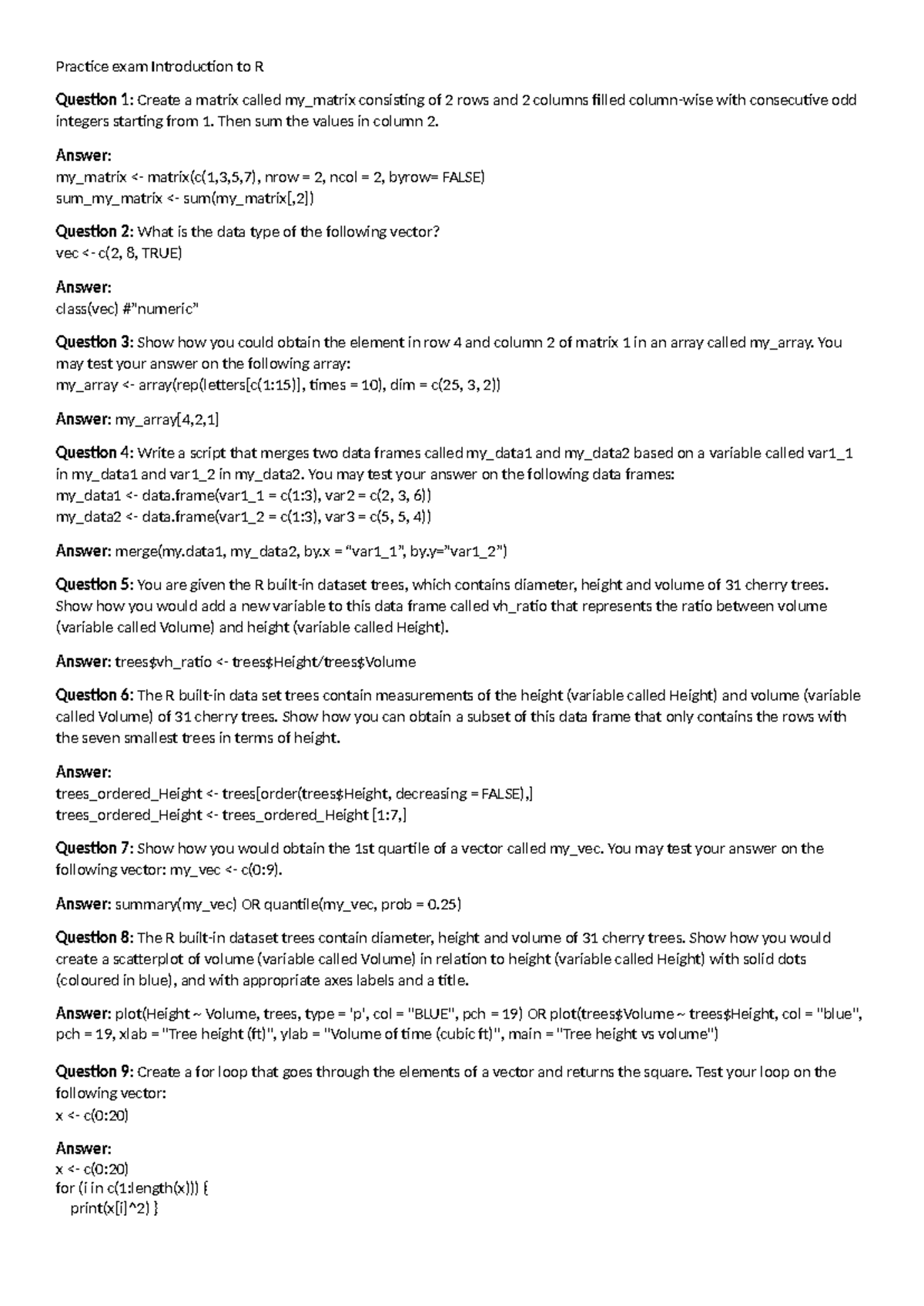 Practice Exam: R Programming Fundamentals (Intro to R) - Studeersnel