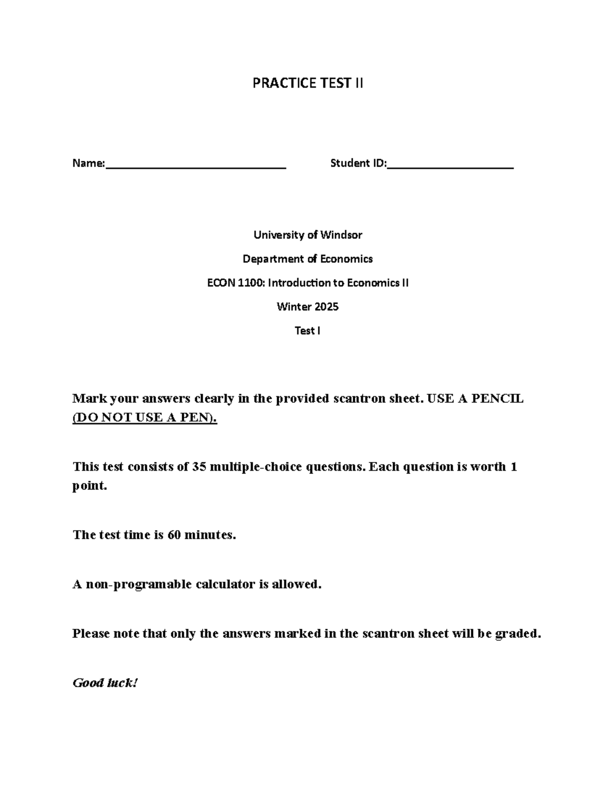 Practice Test II for ECON 1100: Introduction to Economics II - Studocu