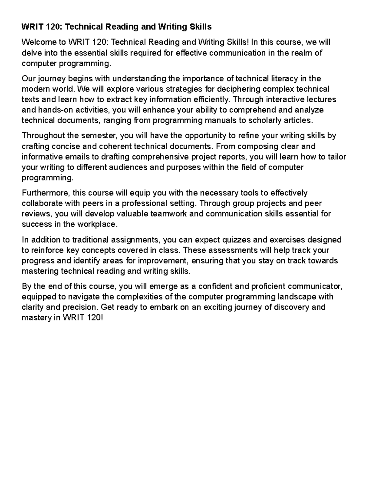 WRIT 120 Technical Reading and Writing Skills - Our journey begins with ...