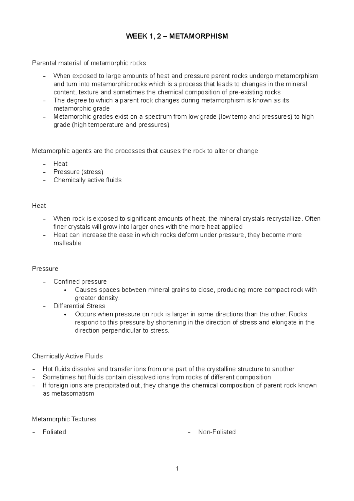 Metamorphic Notes bw - WEEK 1, 2 – METAMORPHISM Parental material of ...