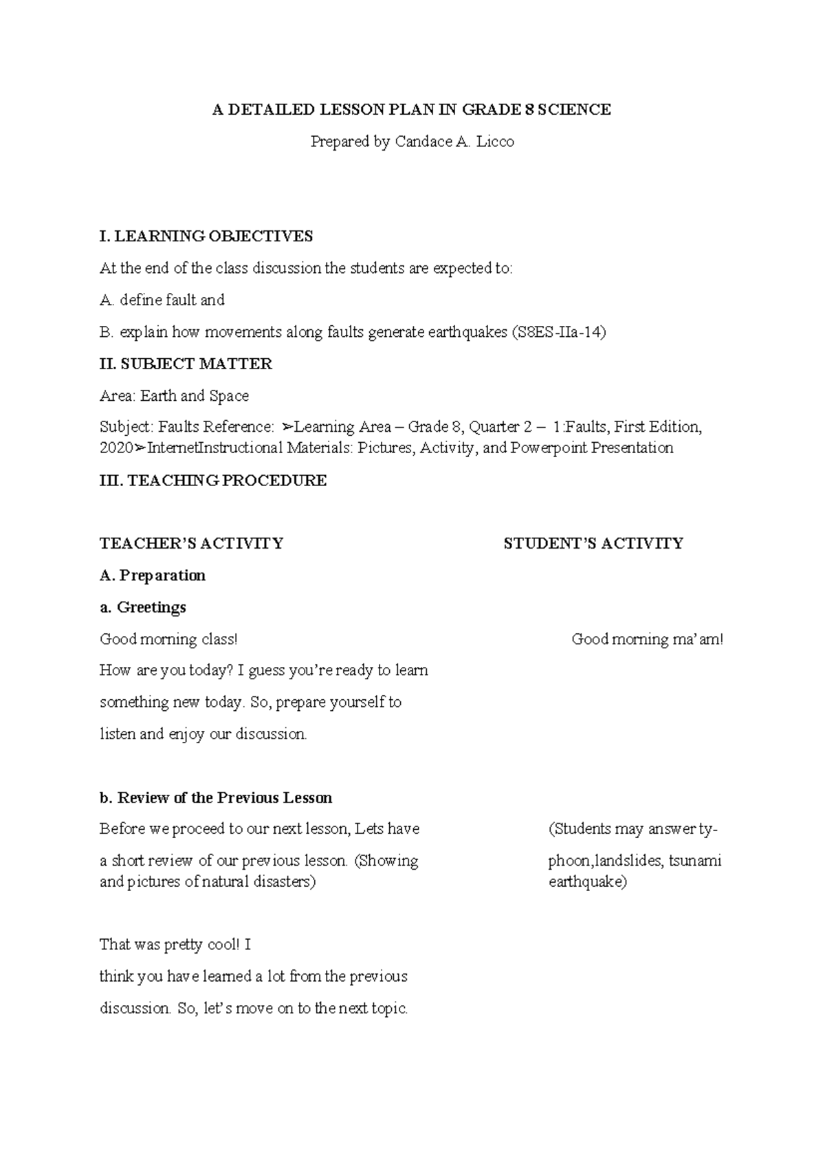 A Detailed Lesson Plan on Earthquakes in Science 8 (S8ES-IIa-14) - Studocu