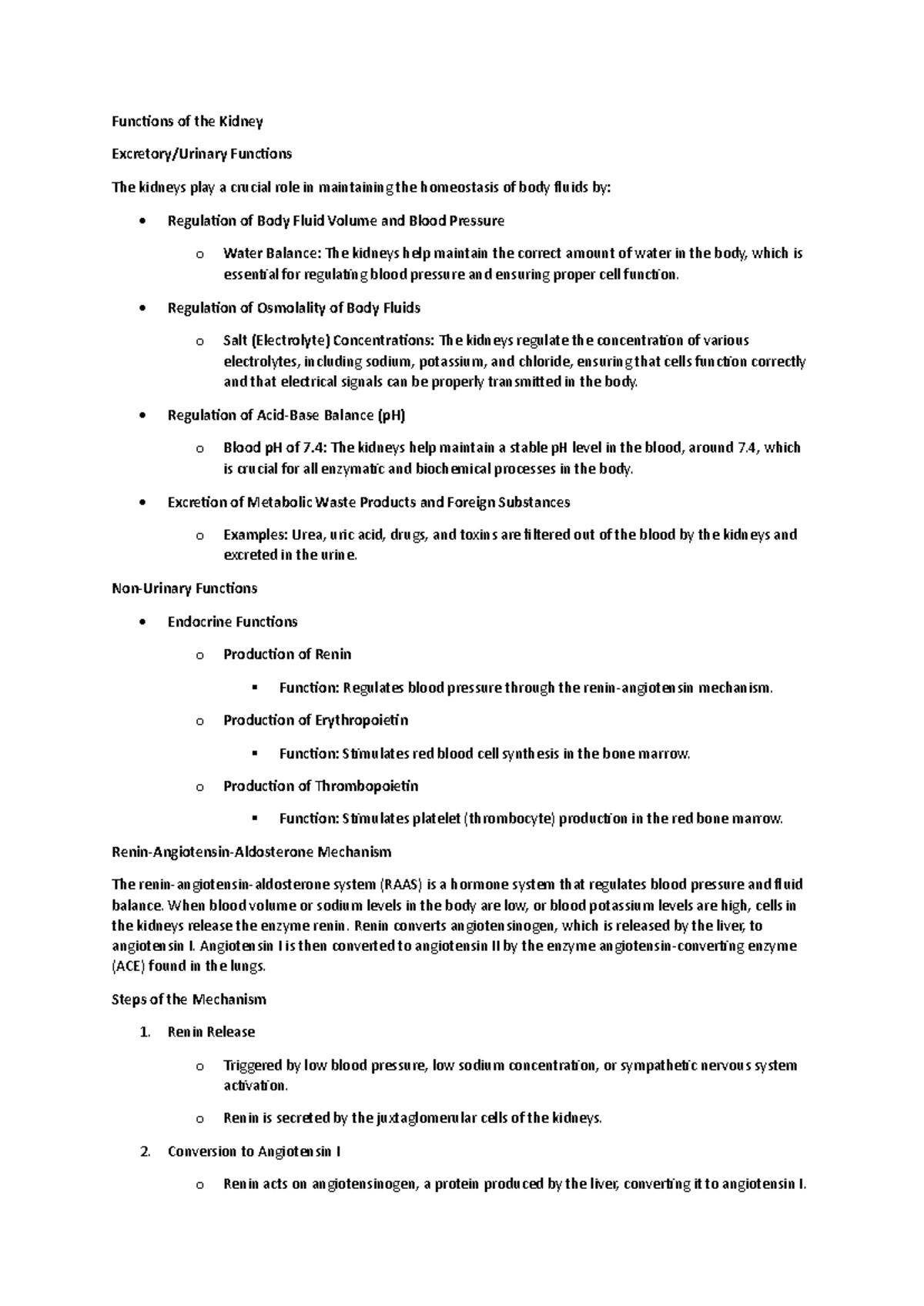 Urinary System Summary Notes - Functions of the Kidney - Studocu