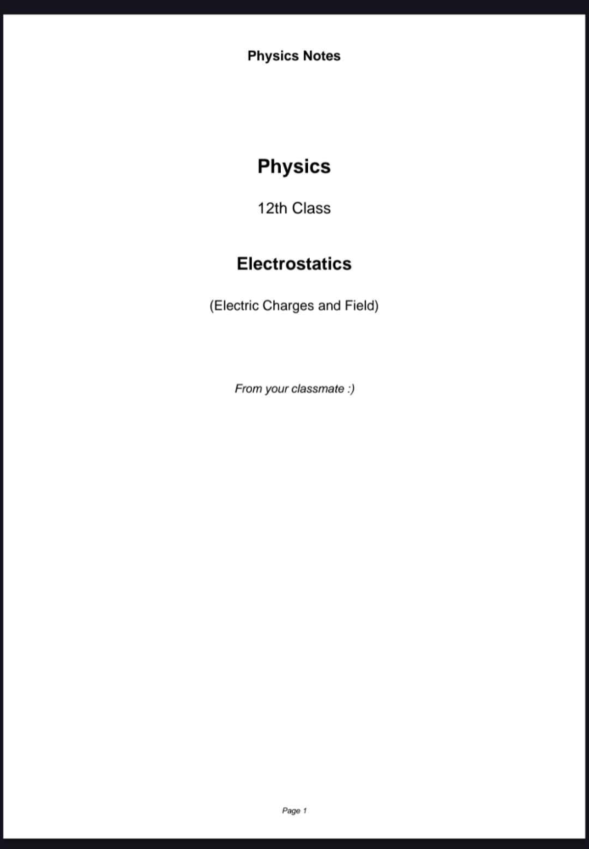 Physics 12th Class Electrostatics Short Notes By Dyuti Studocu