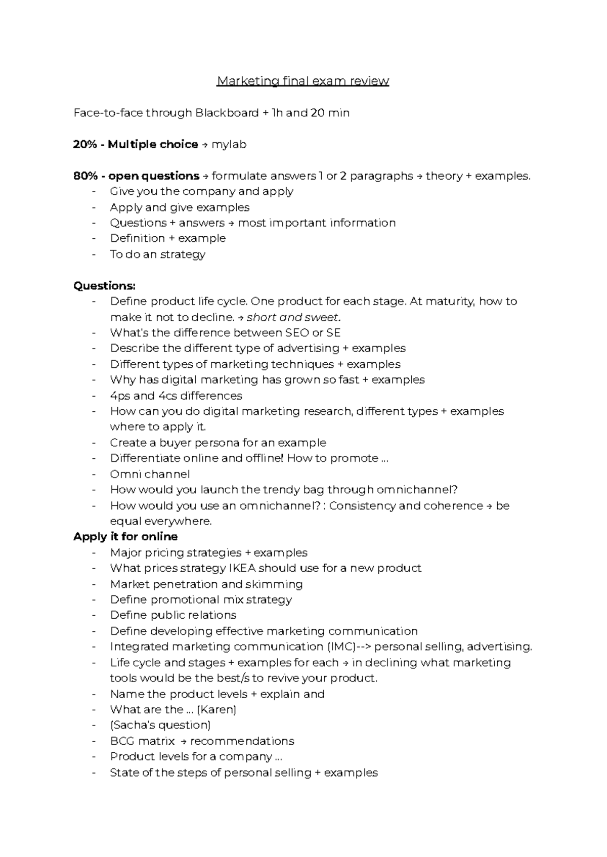 Marketing 101 Final Exam Review: Key Concepts & Strategies - Studocu