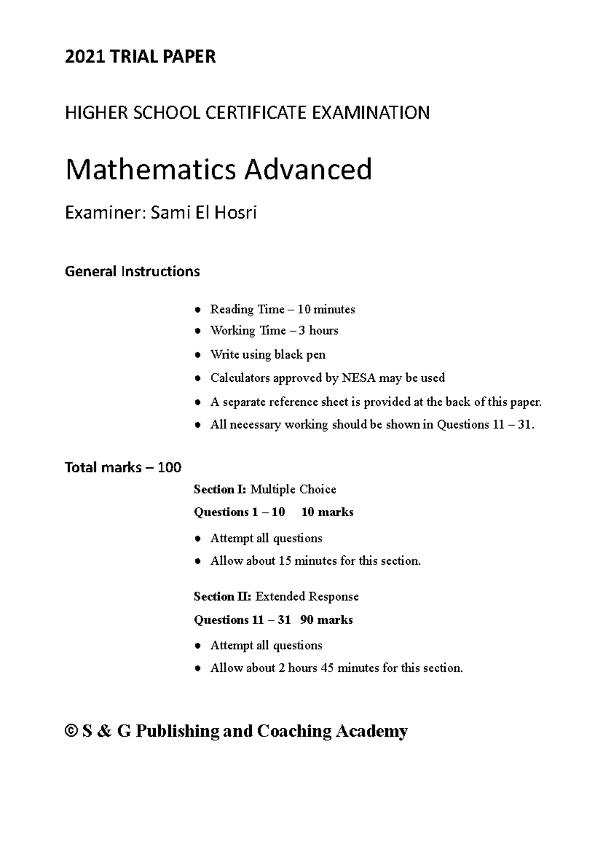 2021 HSC Mathematics Advanced Trial Paper - Studocu