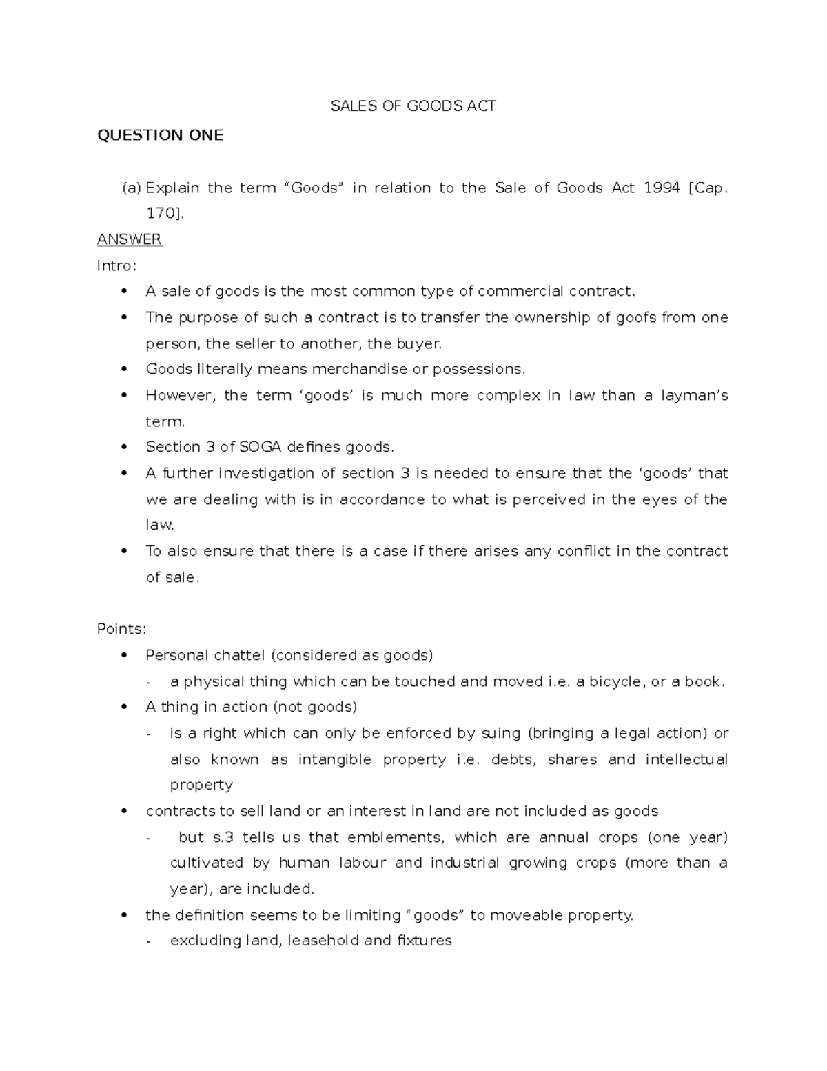 Sales OF Goods ACT lecture notes on business law - SALES OF GOODS ACT ...