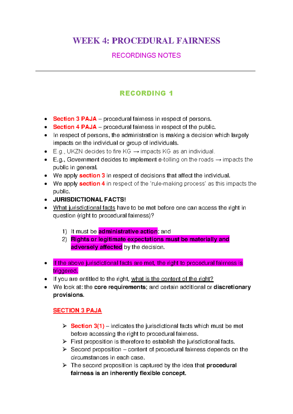 Section 3 (W4) - Procedural fairness and jurisdictional facts notes ...