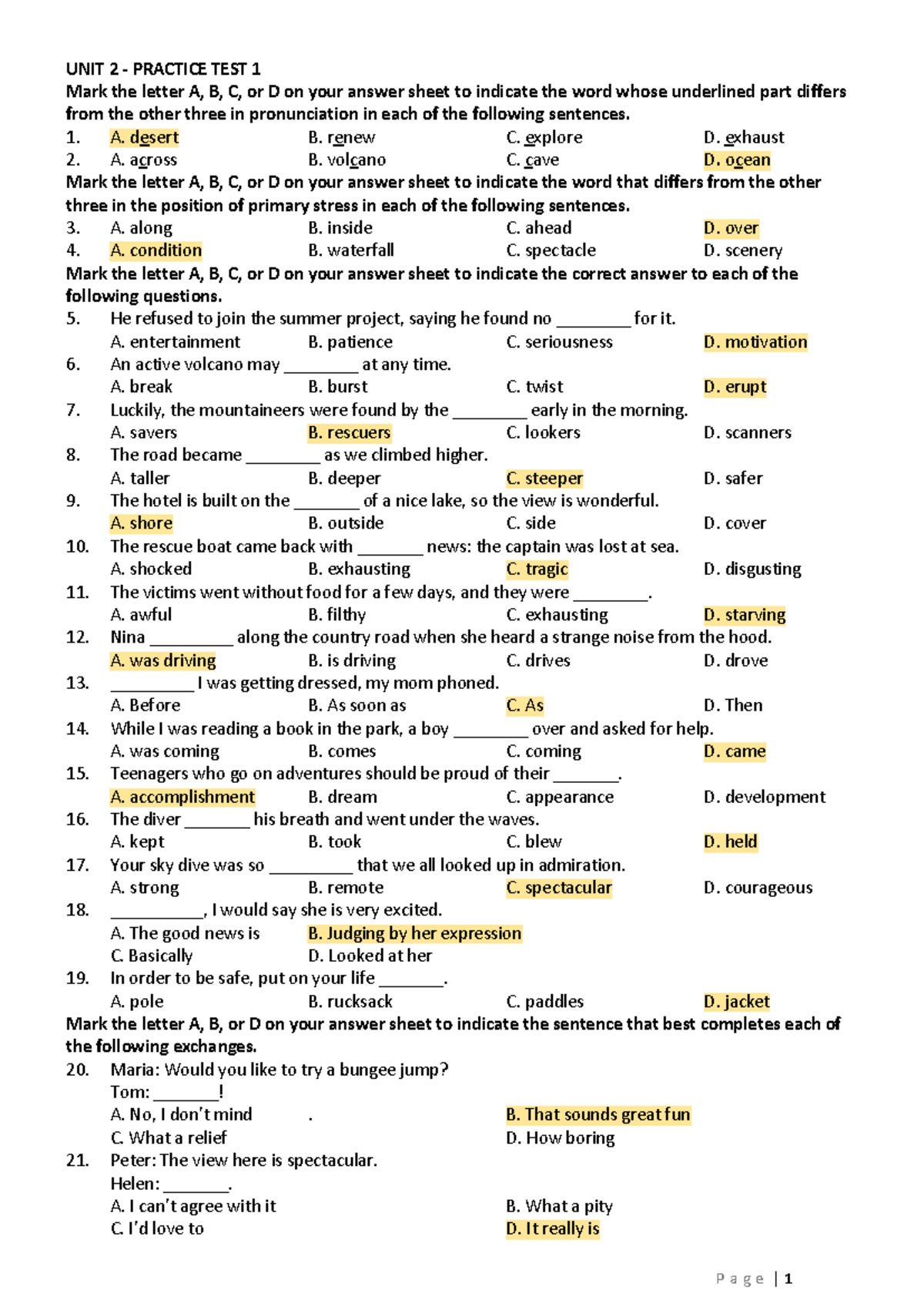 Grade 10 - Practice Tests UNIT 2 Answer Key - Studocu
