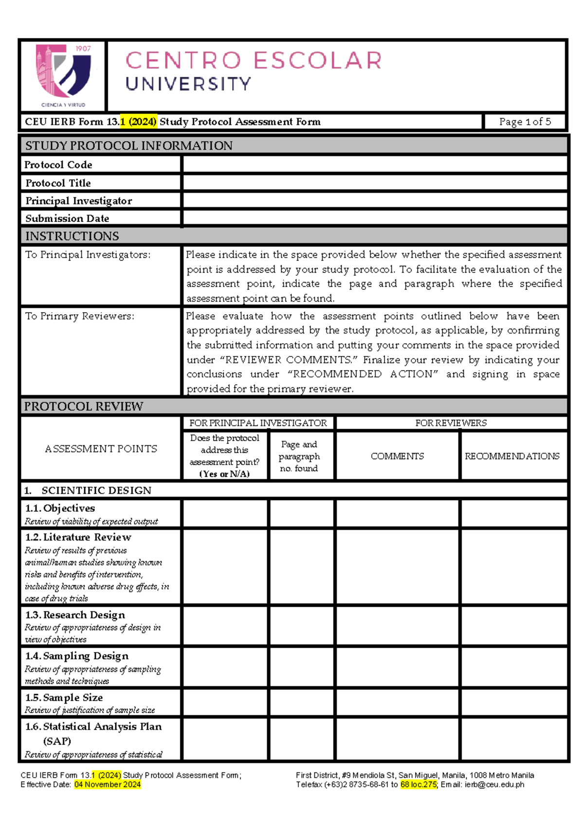 CEU IERB Form 13.1 (2024) Study Protocol Assessment Form - STUDY ...