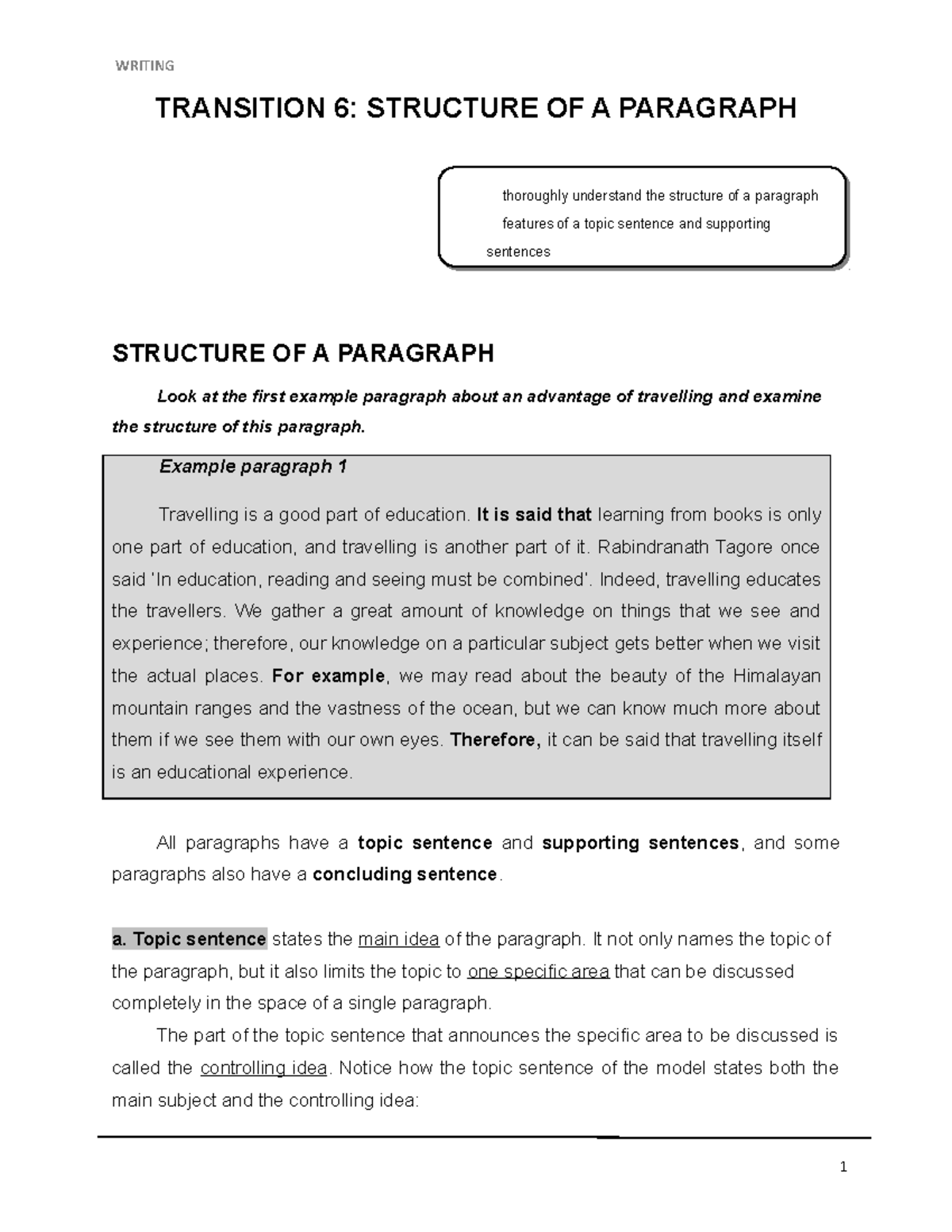 Transition 6- Structure of a paragraph - TRANSITION 6: STRUCTURE OF A ...