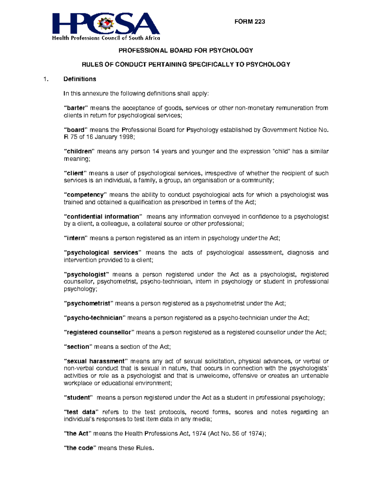 Rules of Conduct for Psychologists - HPCSA Guidelines - Studocu