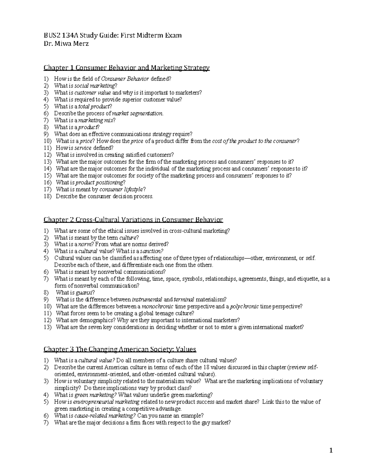 BUS2 134A Study Guide: First Midterm Exam Insights on Consumer Behavior ...