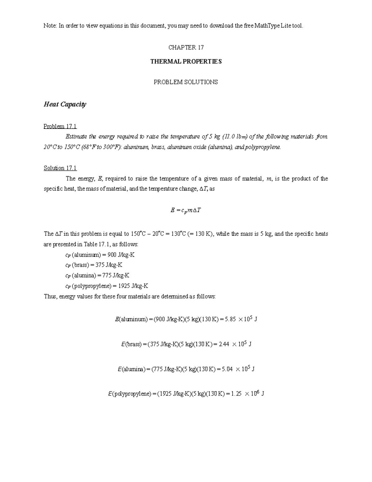 Chapter 17 - Thermal Properties and Problem Solutions - Studocu
