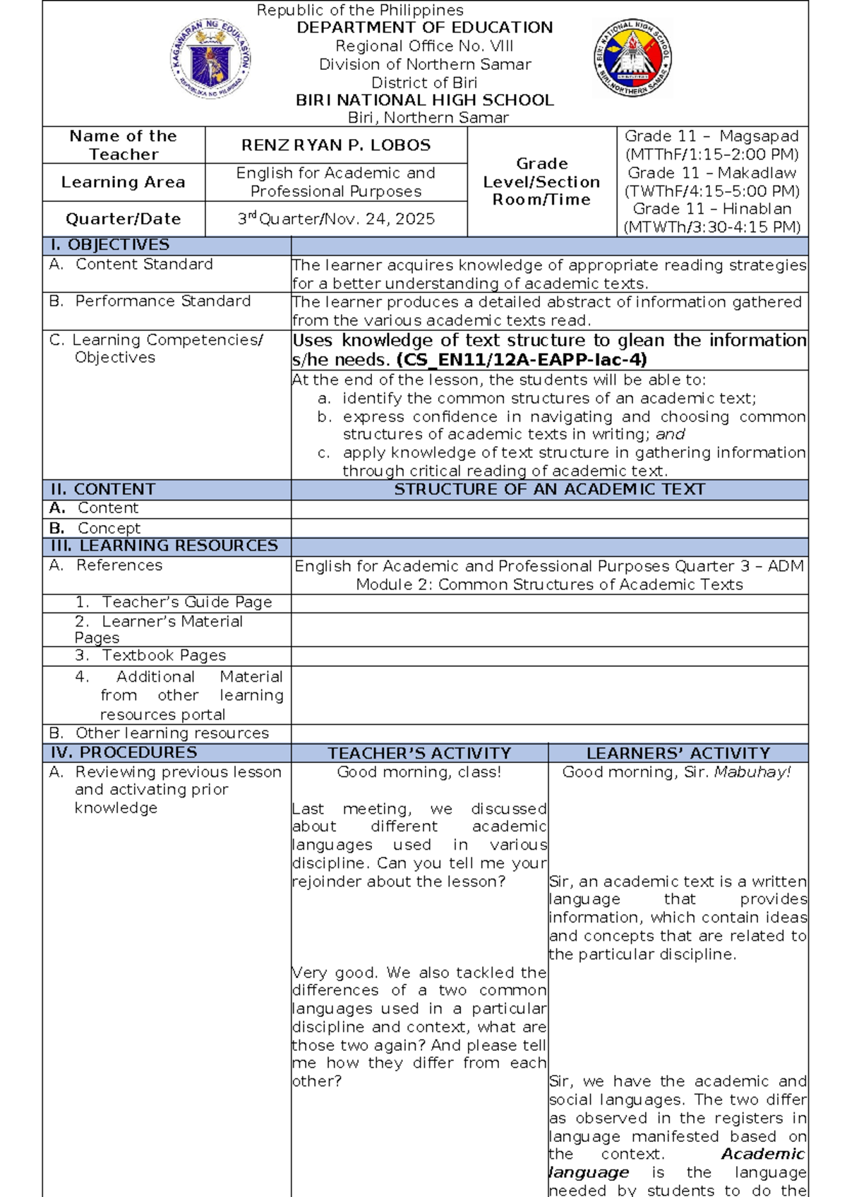 2 DLP EAPP ACAD LANG - Common Structures of Academic Texts - Studocu