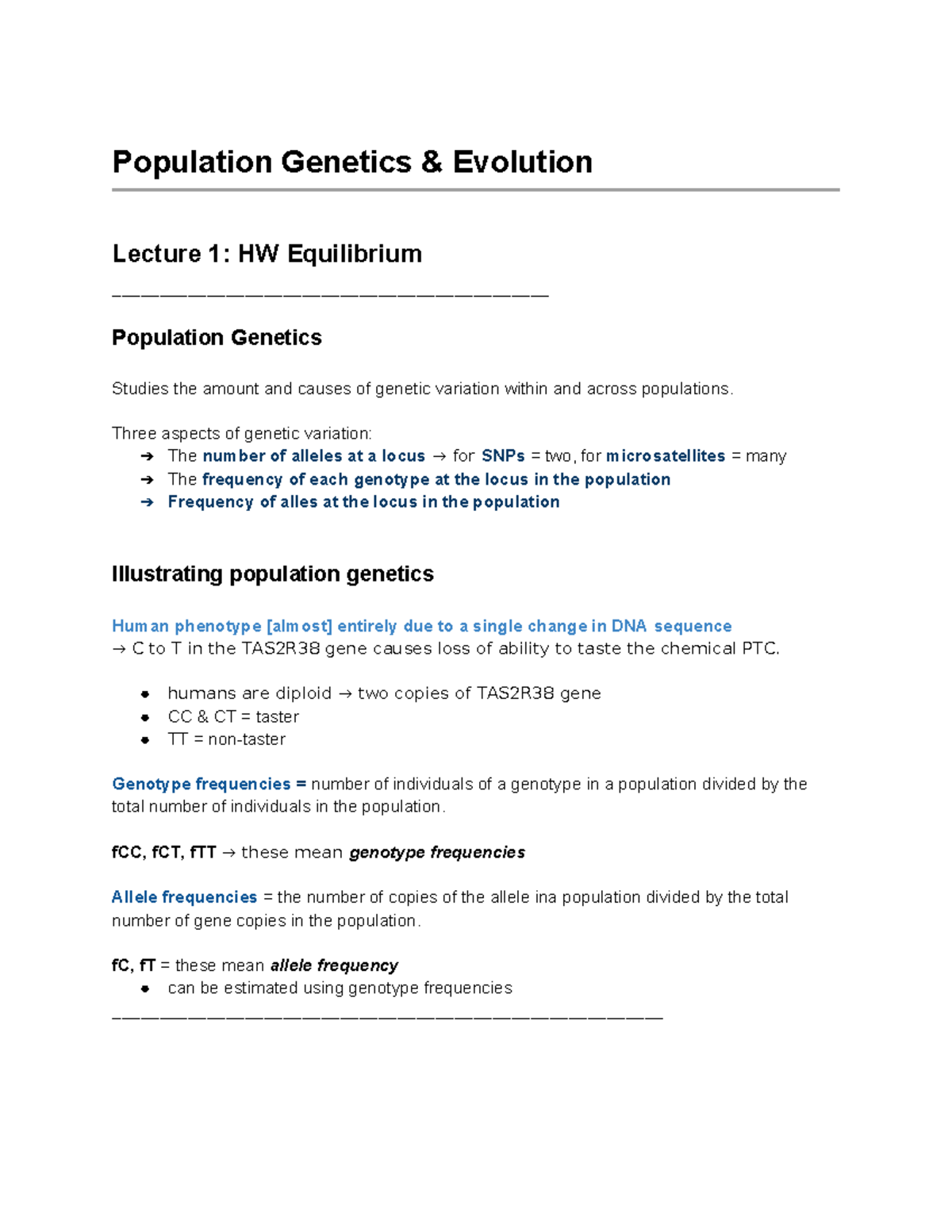 BS1050 - WEEK 5 - Lecture notes - Population Genetics & Evolution ...