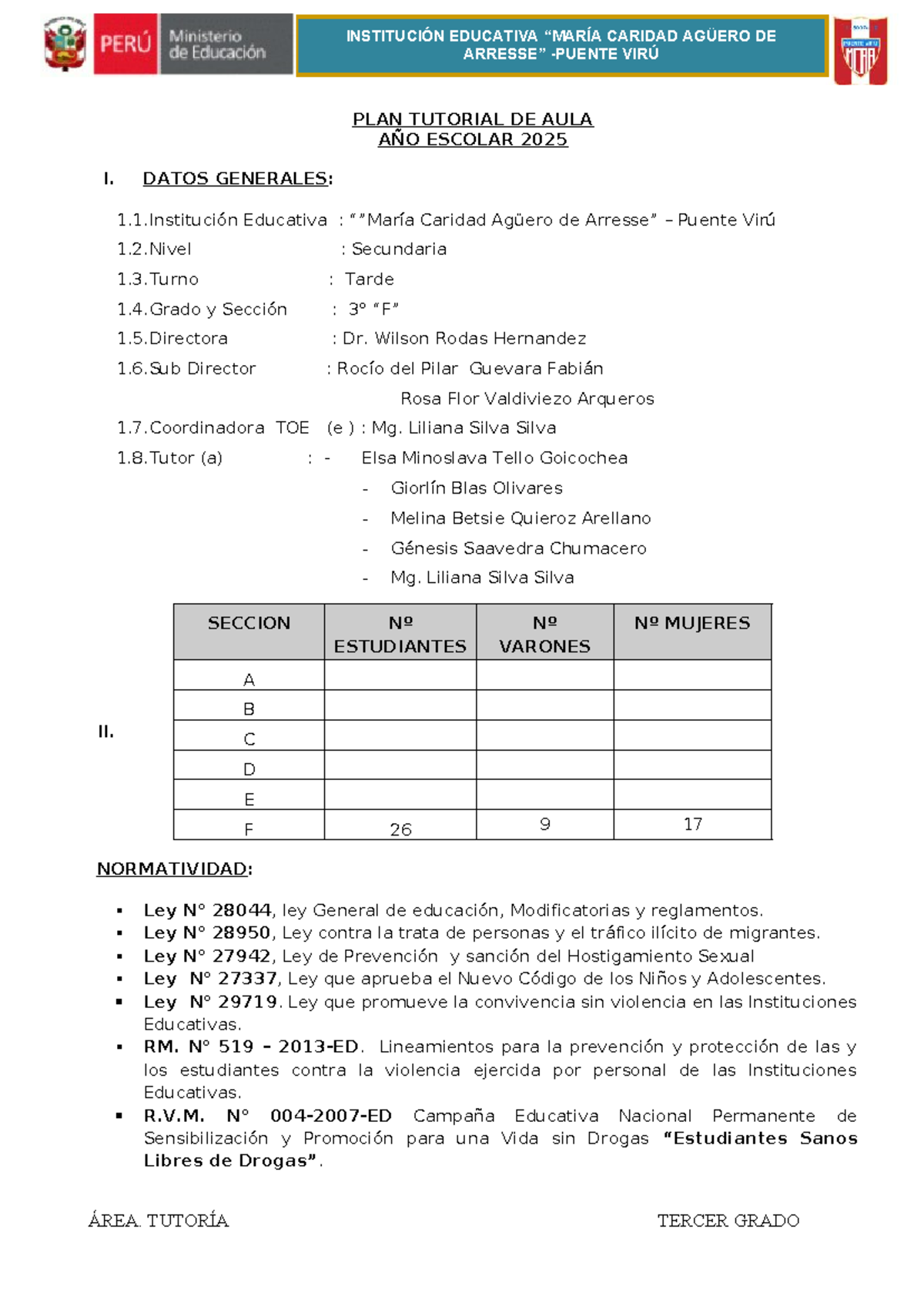 Plan tutorial de aula 2025 - Tercer grado en la institución educativa Caridad - Document Preview