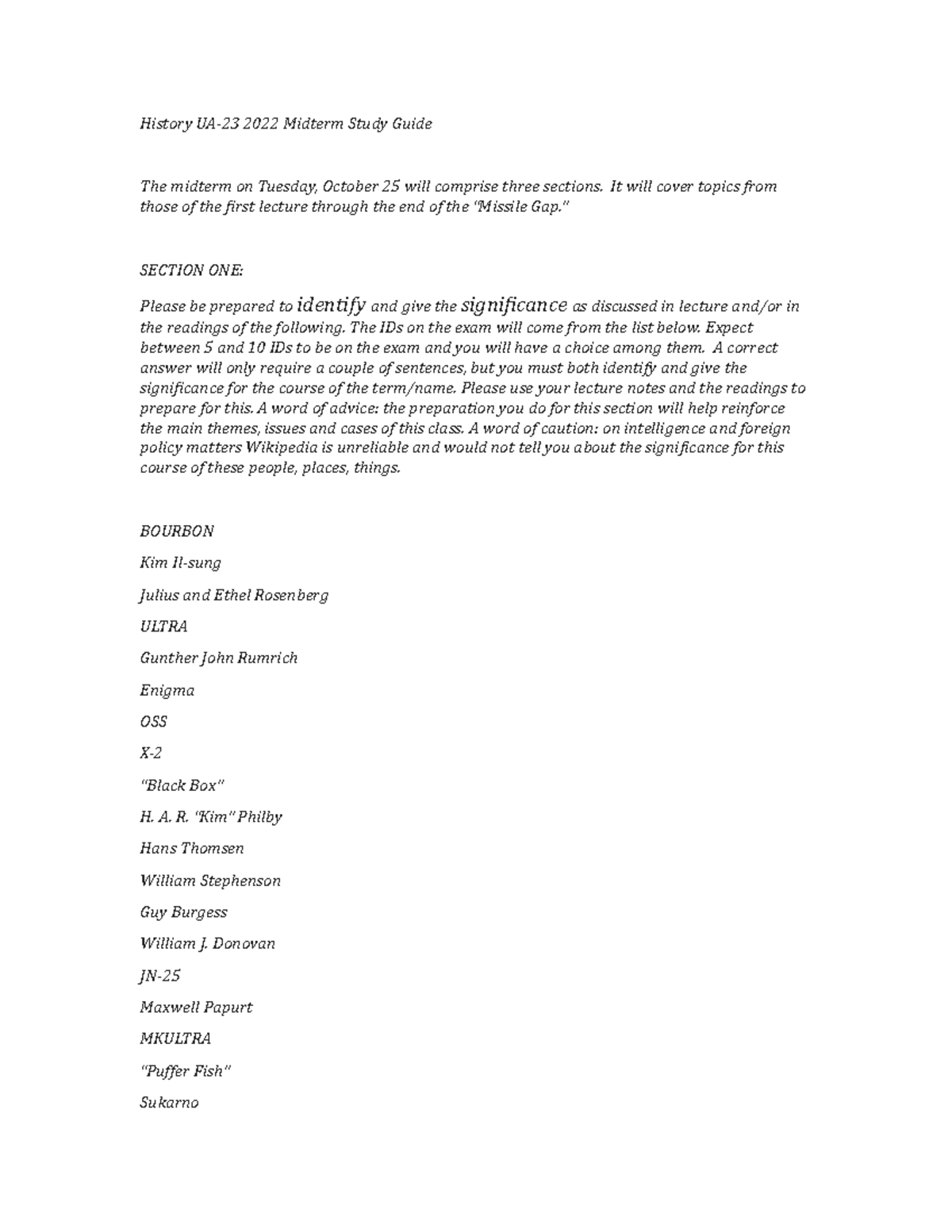 History UA 23 Fall 2022 Midterm Study Guide - History UA-23 2022 ...