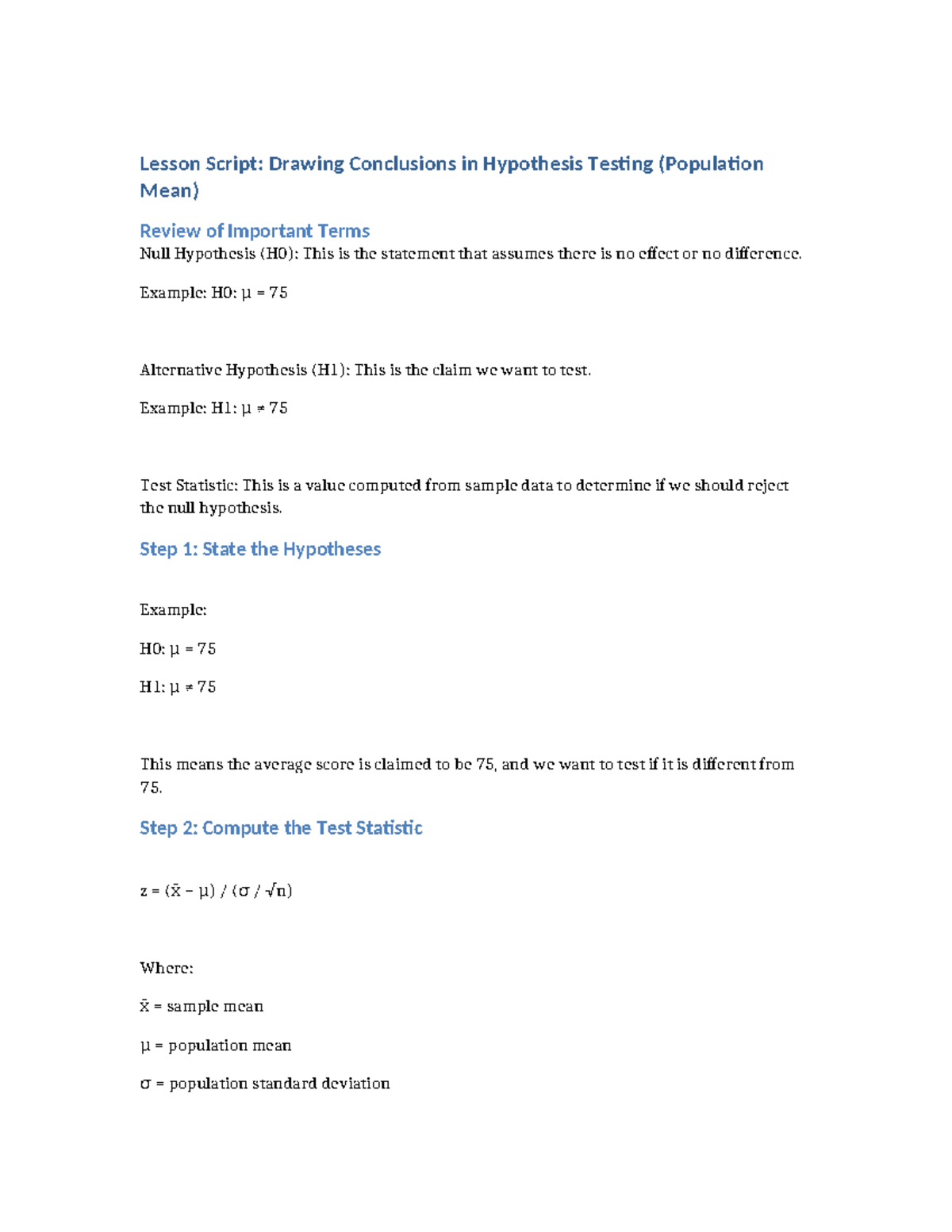 Lesson Script: Drawing Conclusions in Hypothesis Testing (Population ...