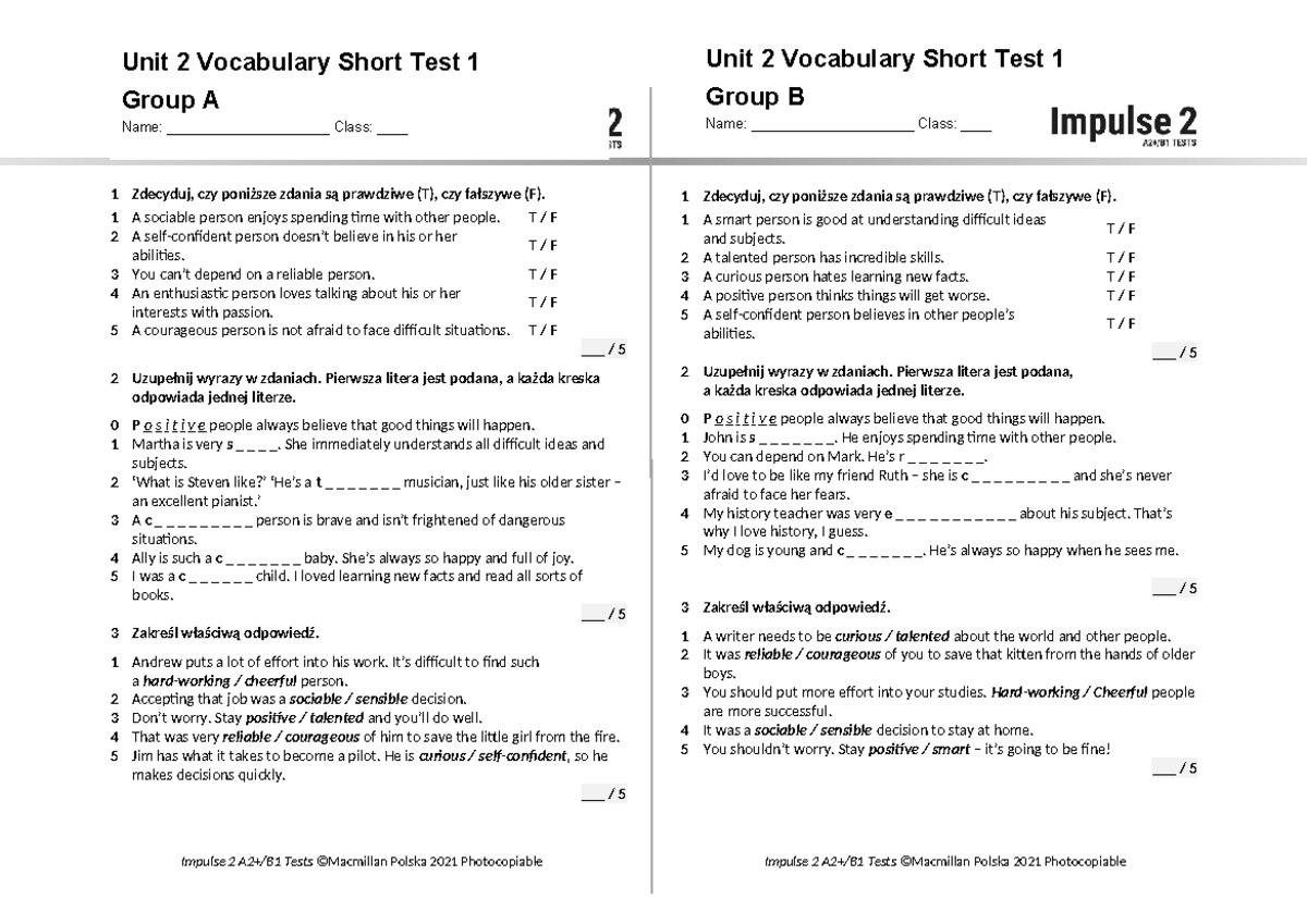 Unit 2 Vocabulary Short Test 1: Groups A and B - Studocu