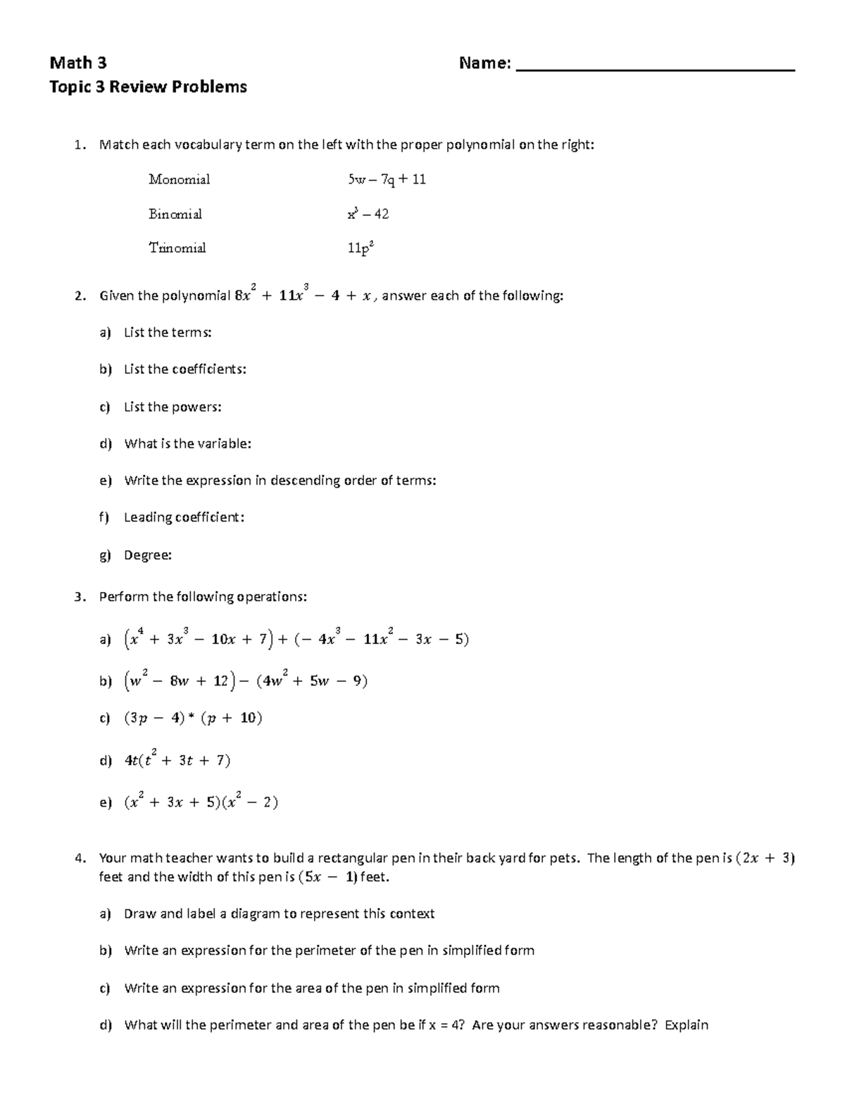 Math 3 Topic 3 Review Guide: Polynomials & Applications - Studocu