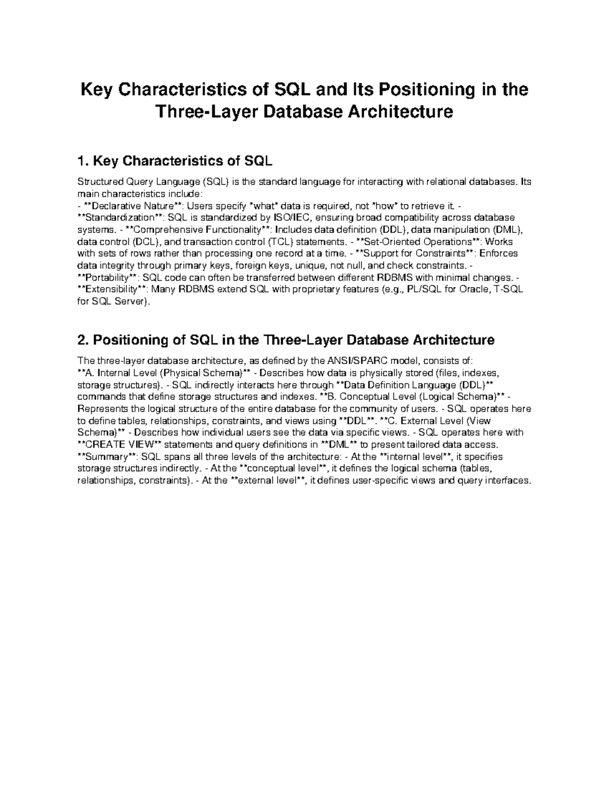 Key Characteristics and Positioning of SQL in Database Architecture ...