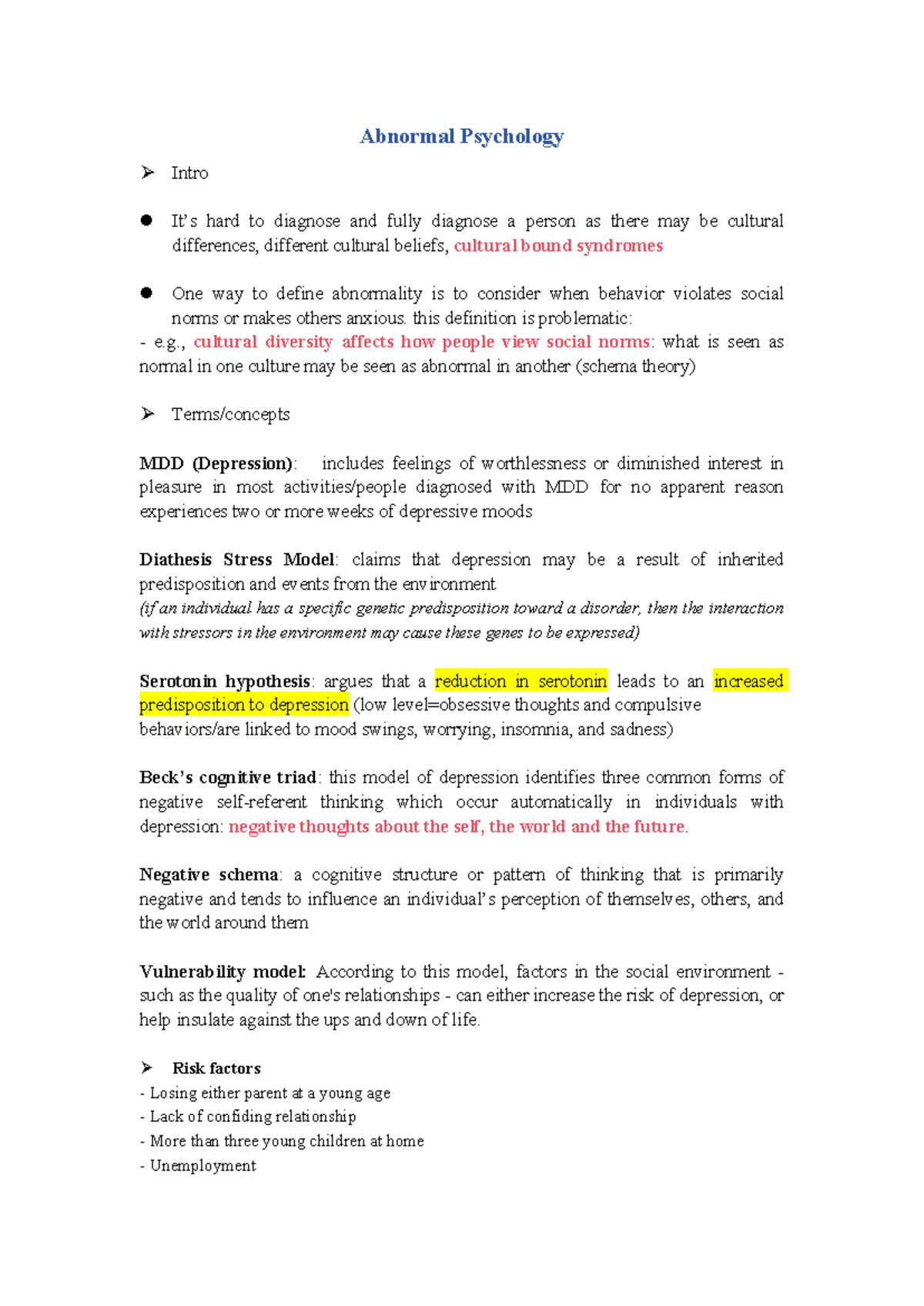 Abnormal Psychology (PSY 101) - Comprehensive Notes on Depression - Studocu